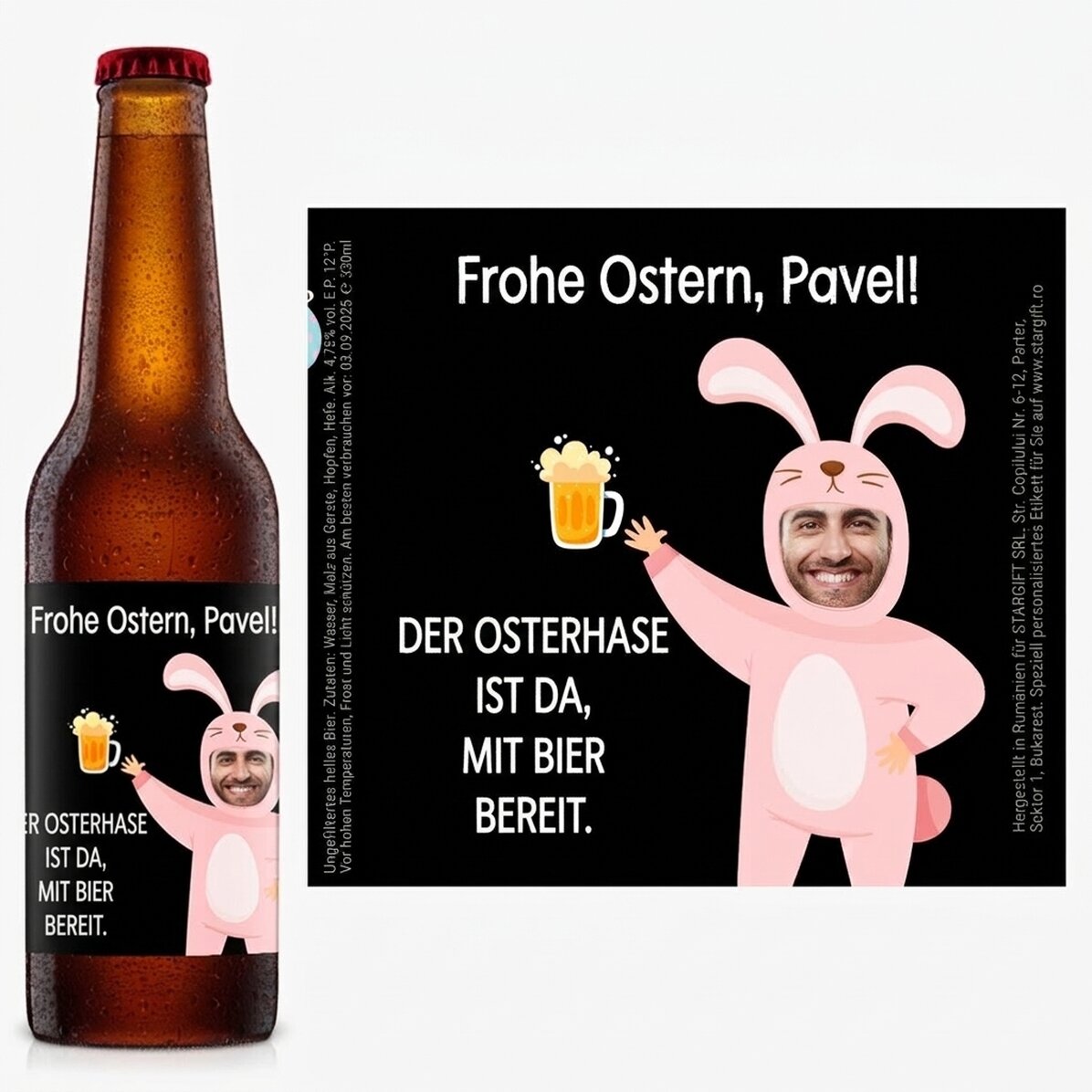 Individuell gestaltetes Bier mit Foto und Botschaft – Hase