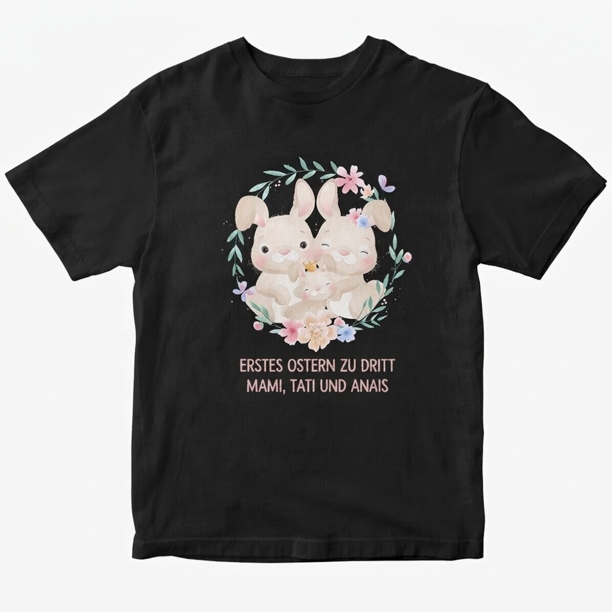Personalisiertes Baumwoll-T-Shirt mit Aufdruck – Das erste Osterfest zu dritt