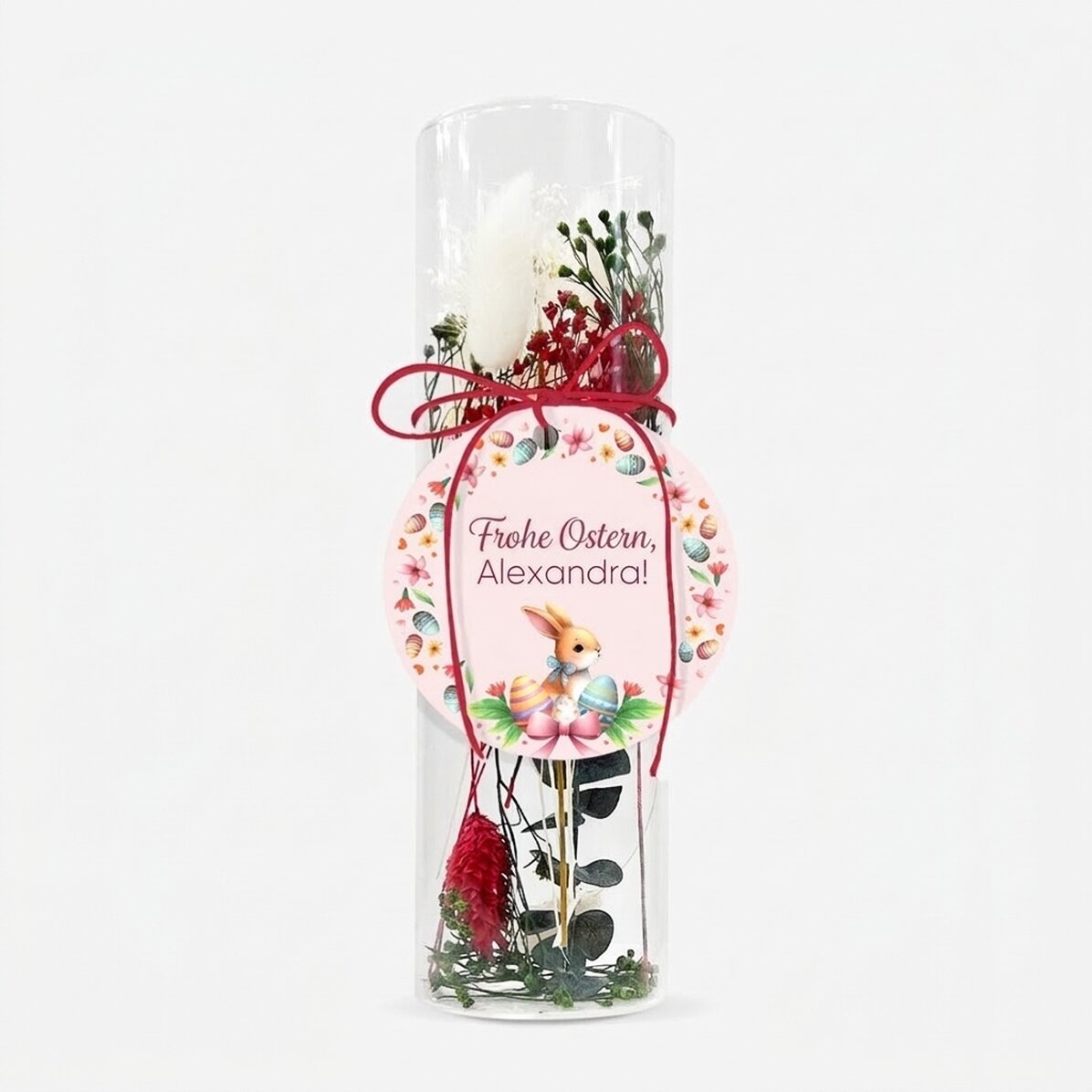 Glasornament mit konservierten Blumen, individuell mit Text gestaltet – Osterhase