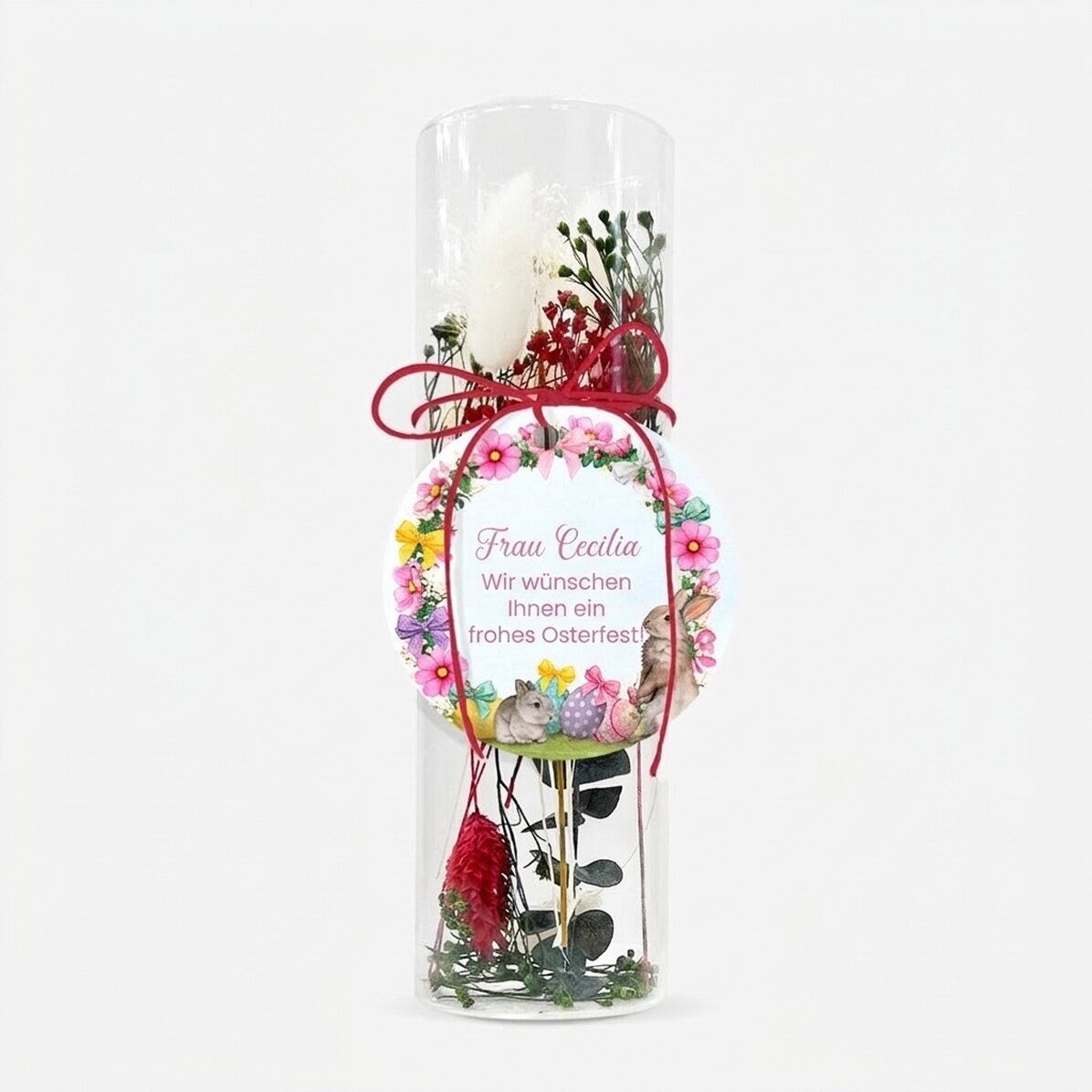 Glasornament mit konservierten Blumen, individuell mit einem Ostertext gestaltet