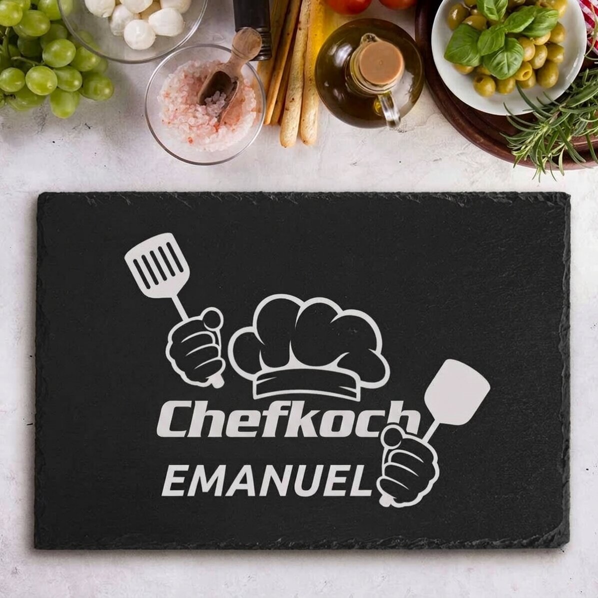 Individuell gravierte Schieferplatte mit Text – „Chef Puternic“