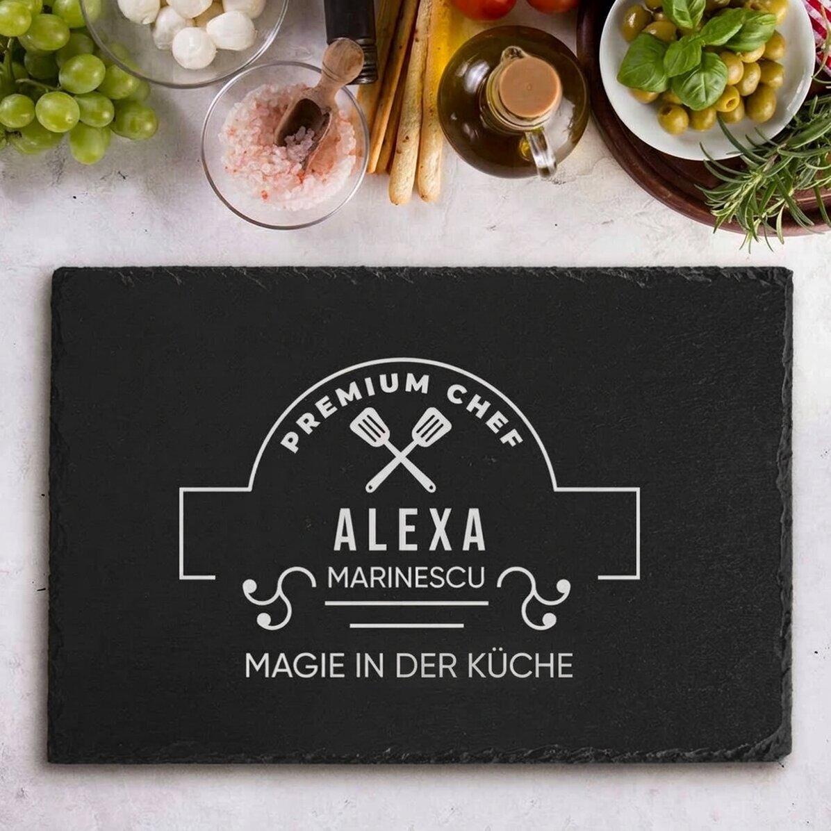 Individuell gravierte Schieferplatte mit Text – Premium Chef