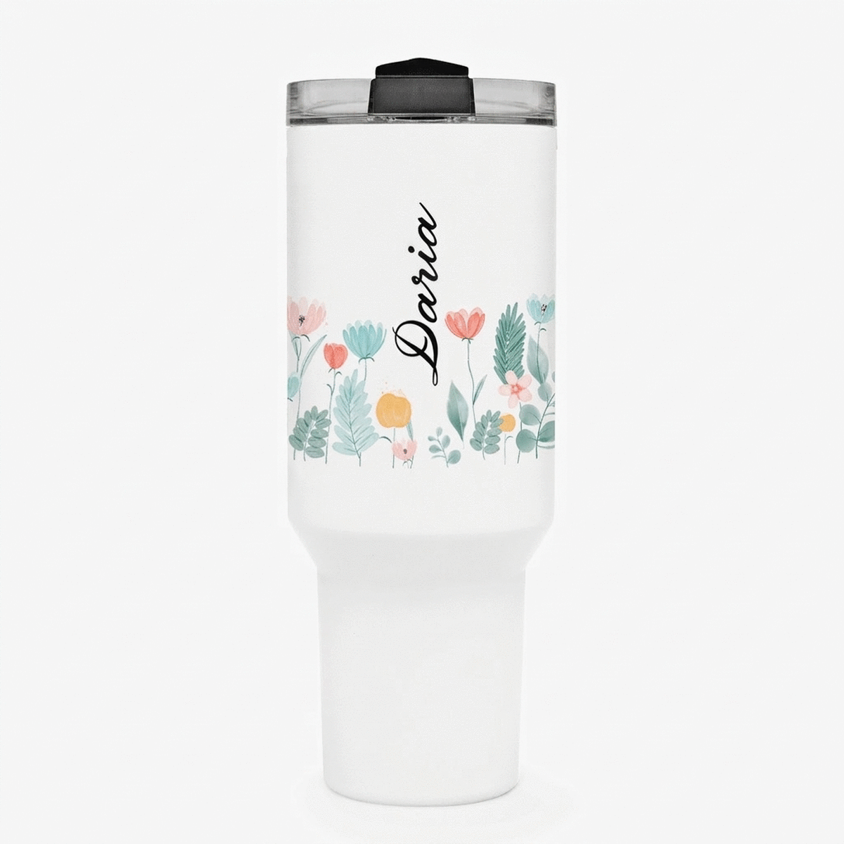 Thermosbecher mit Henkel und Strohhalm, individuell mit Namen bedruckt – Flowers