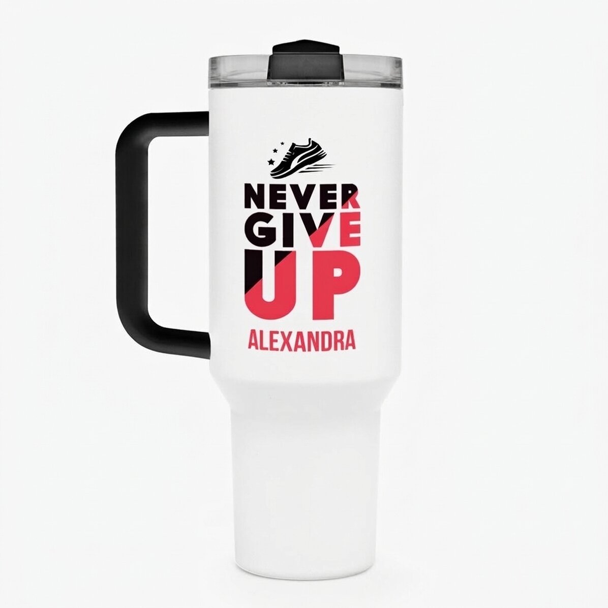 Thermosflasche mit Henkel und Strohhalm, personalisiert mit Namen – Never give up