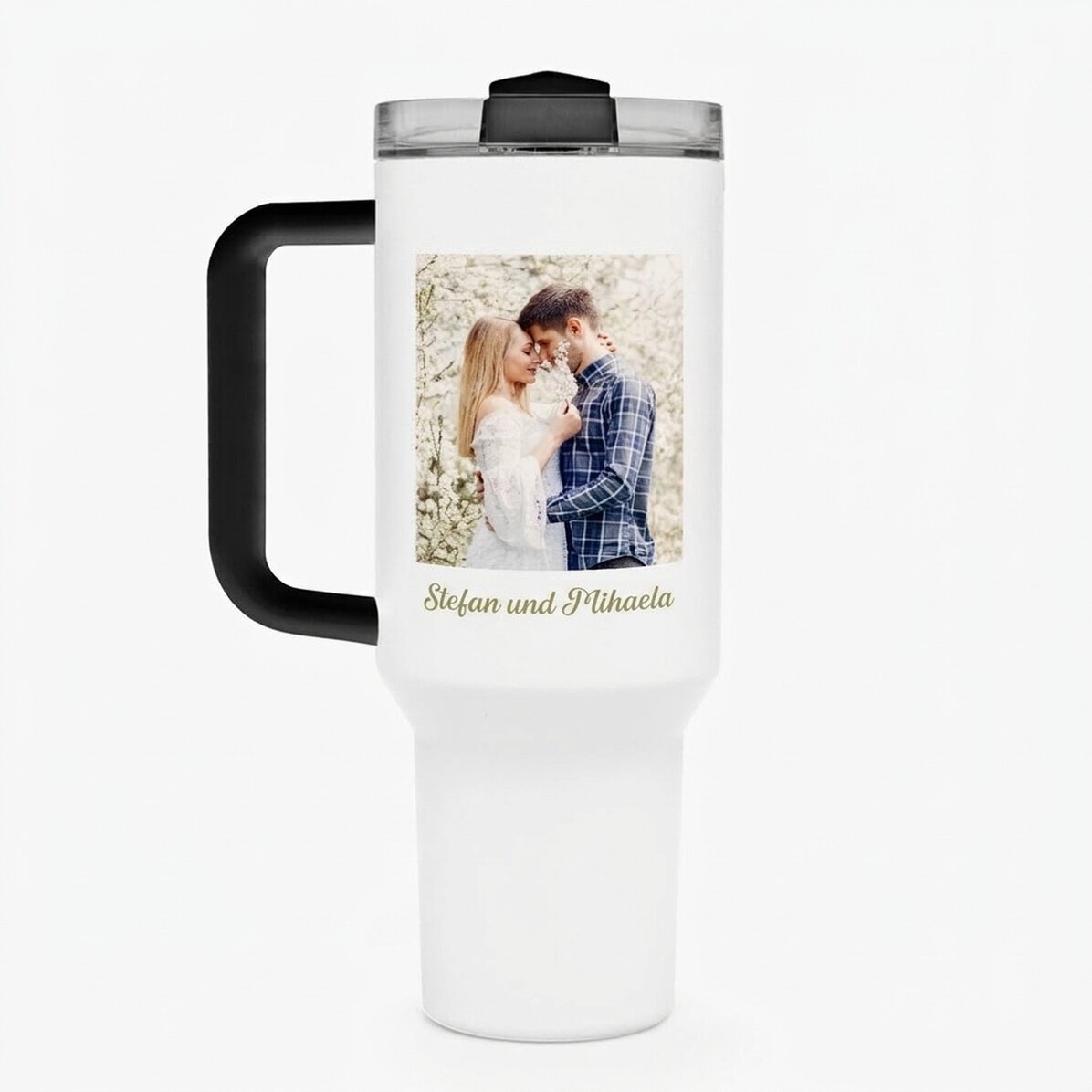 Thermosbecher mit Griff und Strohhalm, individuell gestaltet mit Foto und Namen