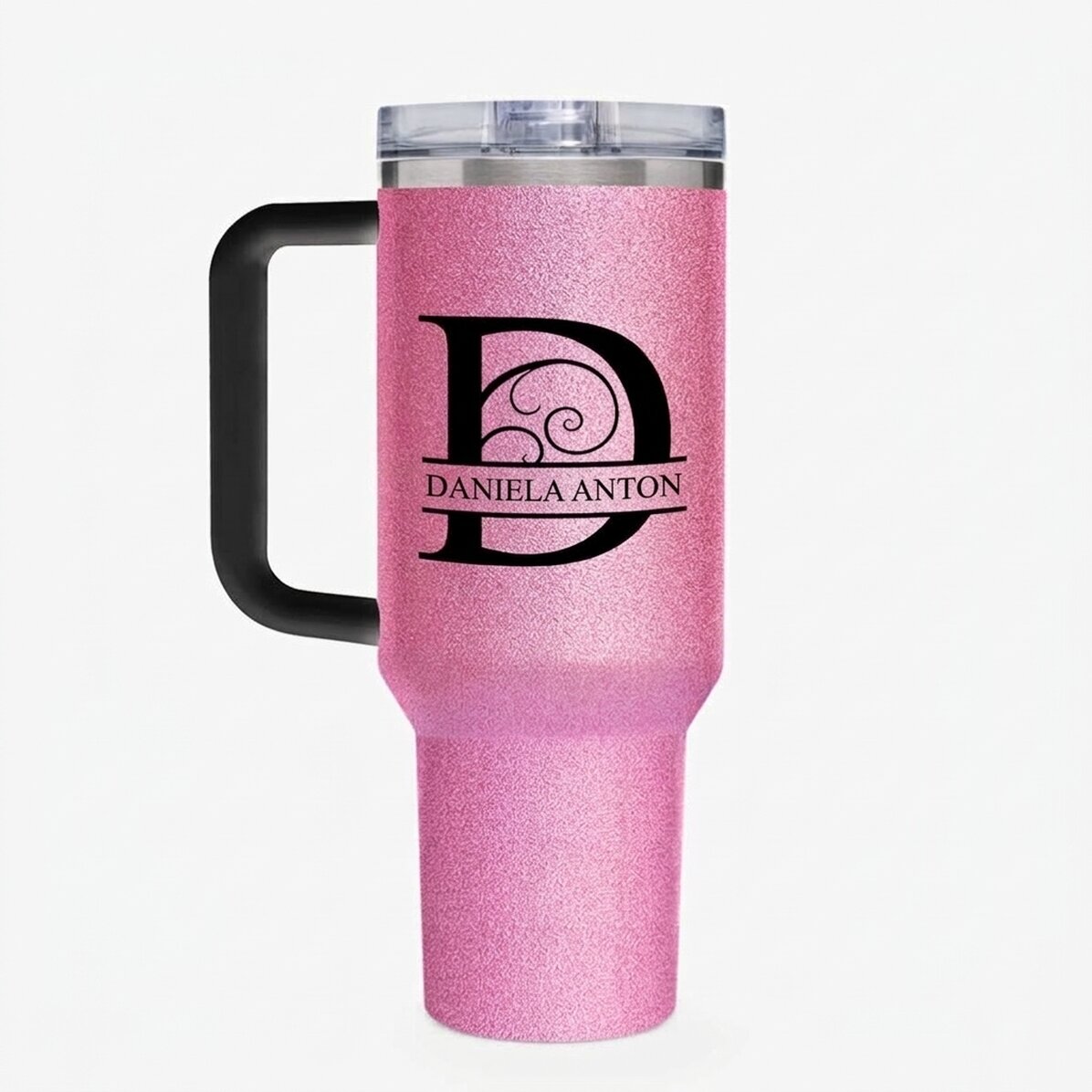 Thermosbecher mit Henkel und Strohhalm, individuell mit Monogramm versehen