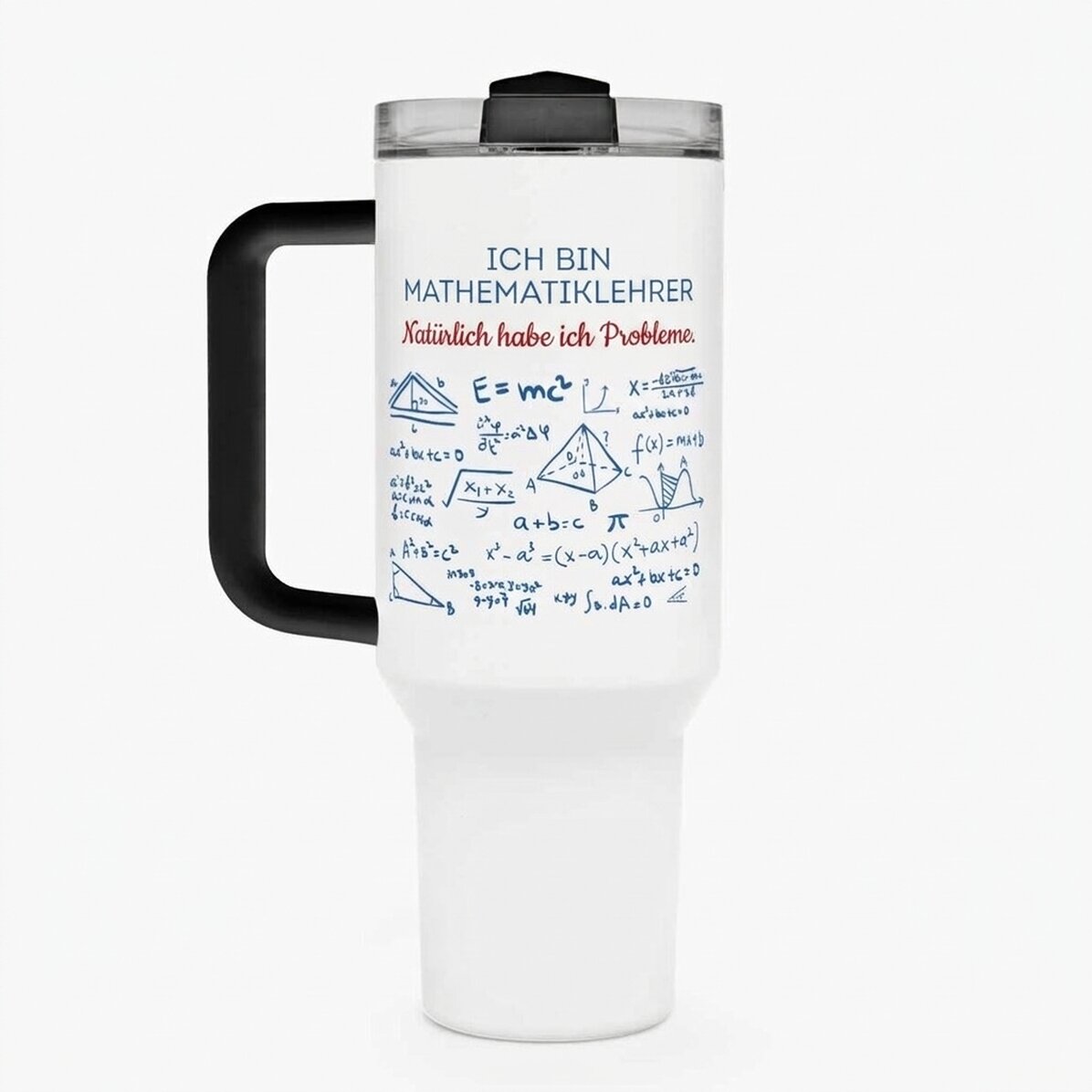 Thermosbecher mit Griff und Strohhalm, individuell mit einer Botschaft bedruckt – Mathematiklehrer
