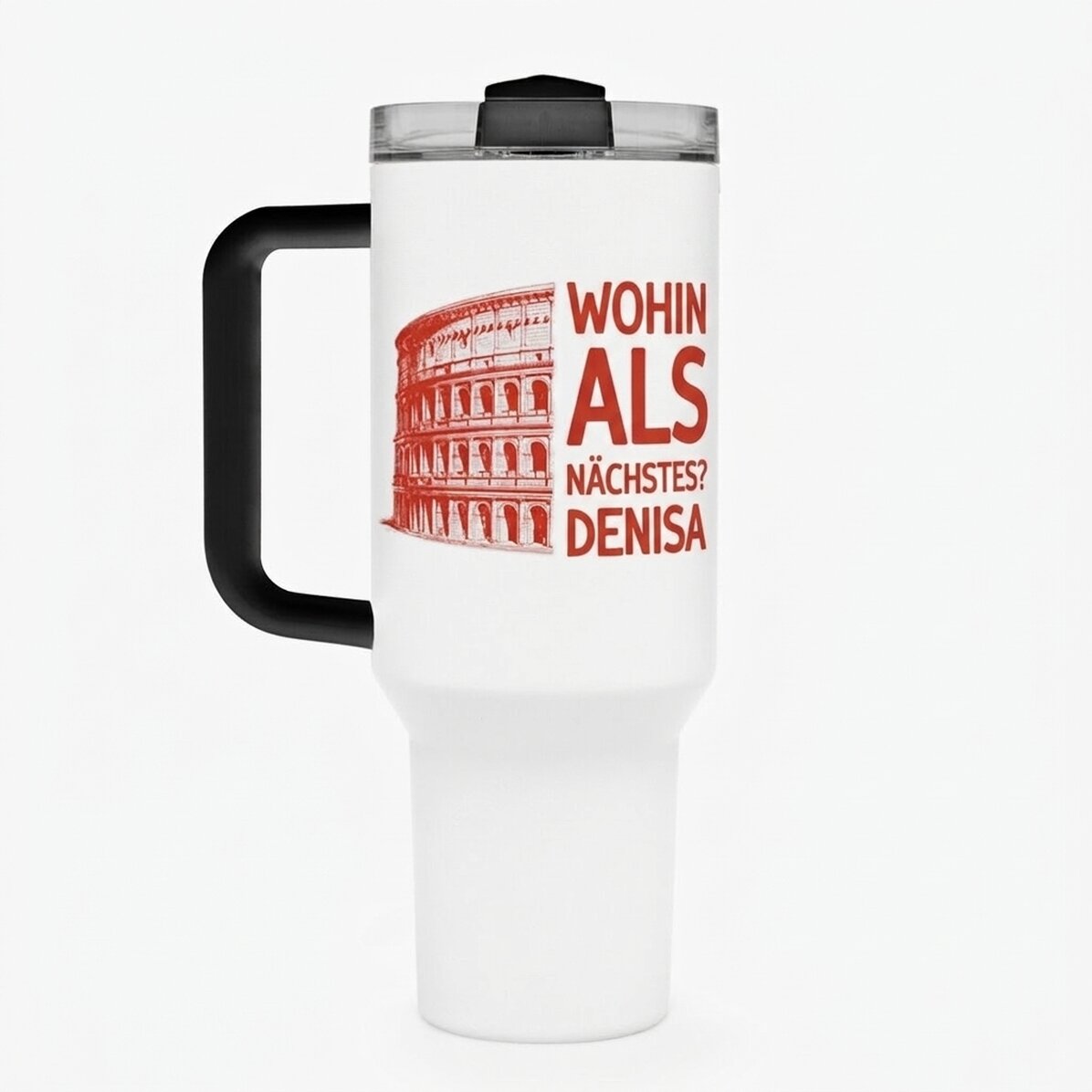 Thermosflasche mit Griff und Strohhalm, individuell mit dem Text „Where to next?“ bedruckt