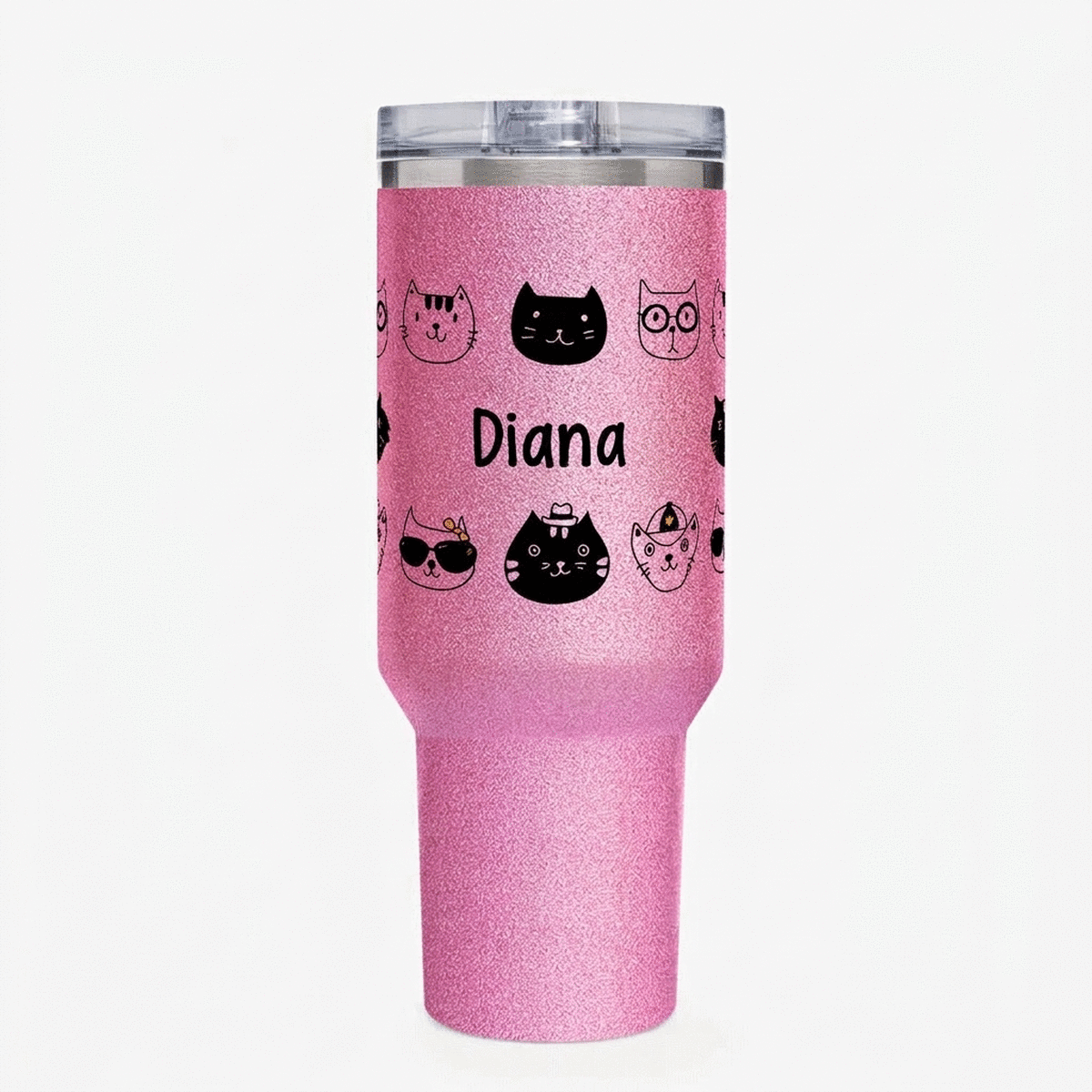 Thermobecher mit Henkel und Strohhalm, individuell mit Namen bedruckt – Cats