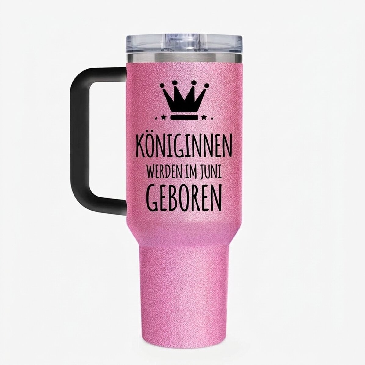 Thermosbecher mit Henkel und Strohhalm, individuell mit Text bedruckt – Queens