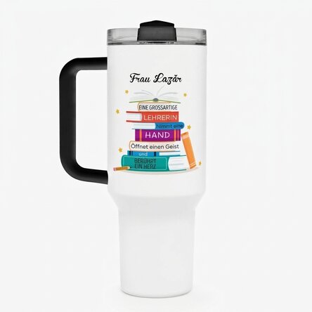 Thermosbecher mit Henkel und Strohhalm, individuell mit einer Botschaft bedruckt – Bücher