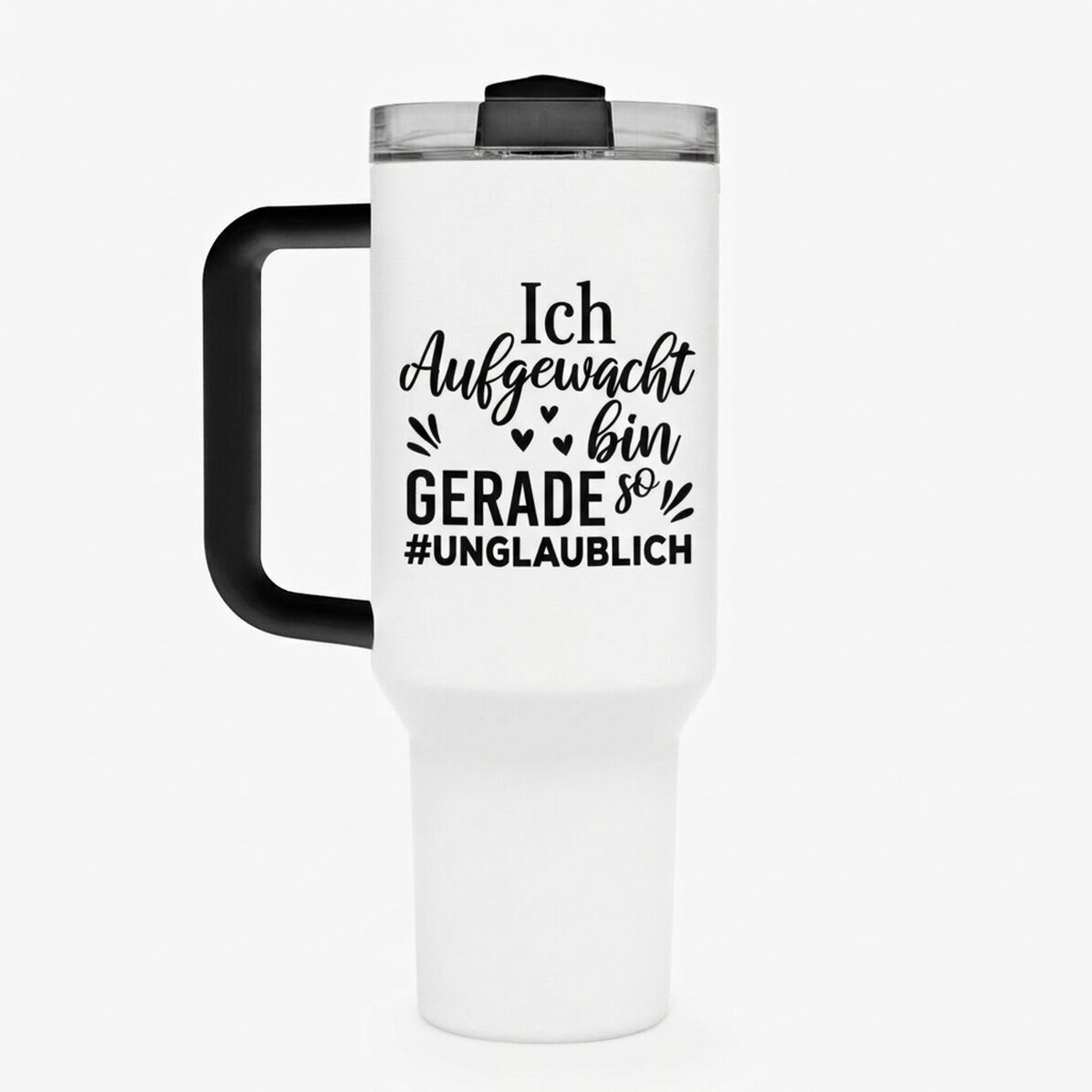 Thermosbecher mit Griff und Strohhalm, individuell mit dem Text „Woke up like this“ bedruckt
