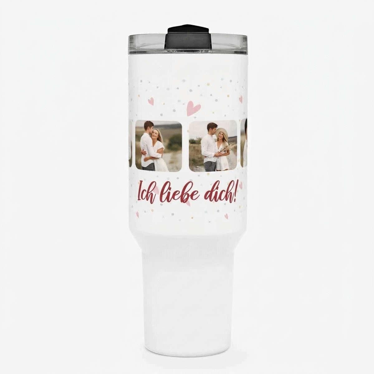 Thermosbecher mit Henkel und Strohhalm, individuell gestaltet mit 6 Fotos und einem Text – Celebrate