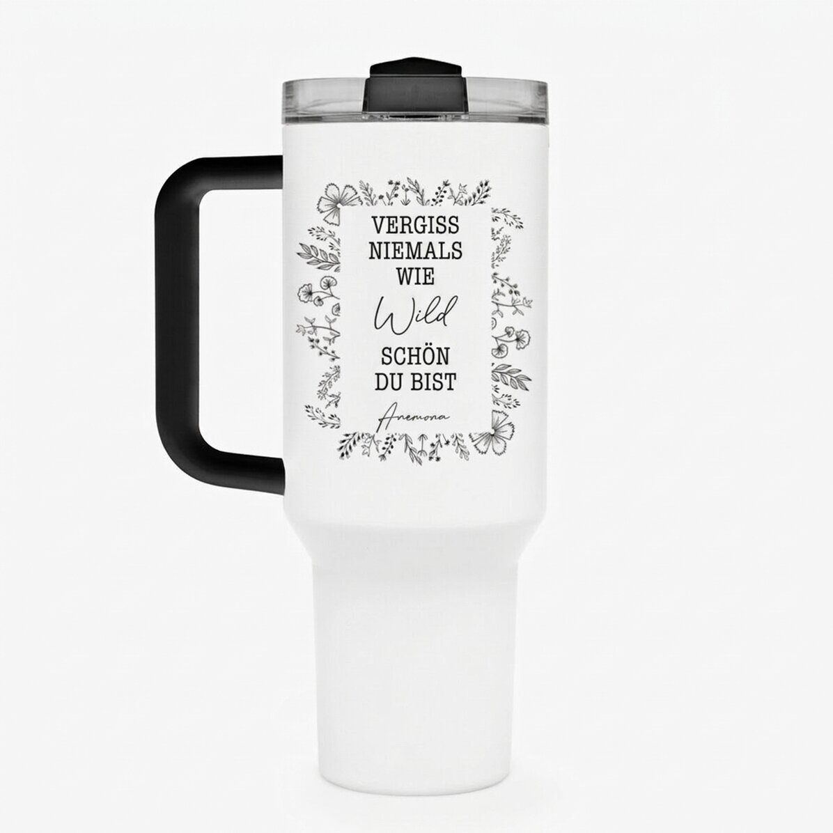 Thermosbecher mit Henkel und Strohhalm, individuell mit Text bedruckt – Flower Frame
