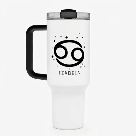Thermosbecher mit Henkel und Strohhalm, individuell mit Text bedruckt – Sternzeichen Krebs