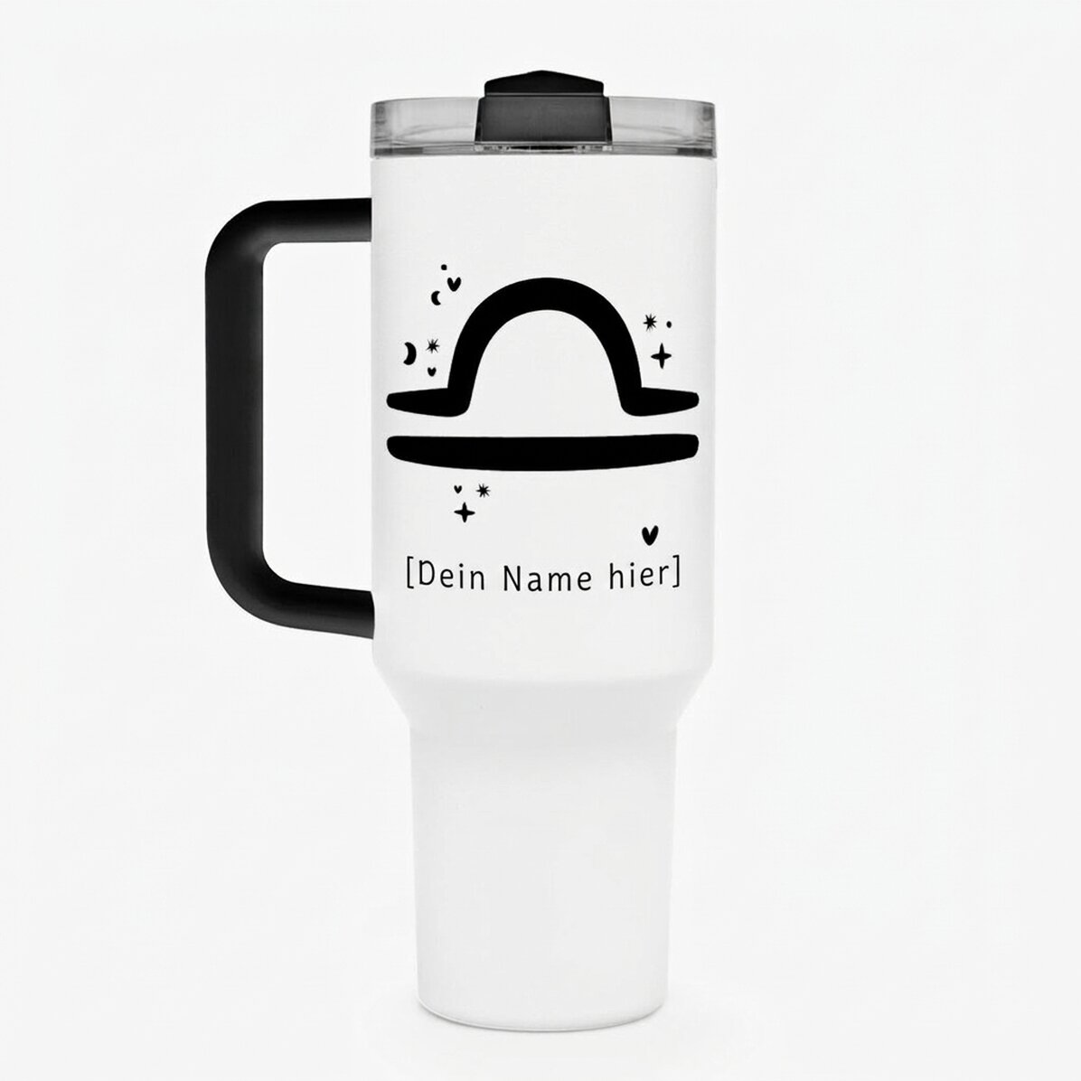 Thermosbecher mit Griff und Strohhalm, individuell mit Text bedruckt – Sternzeichen Waage