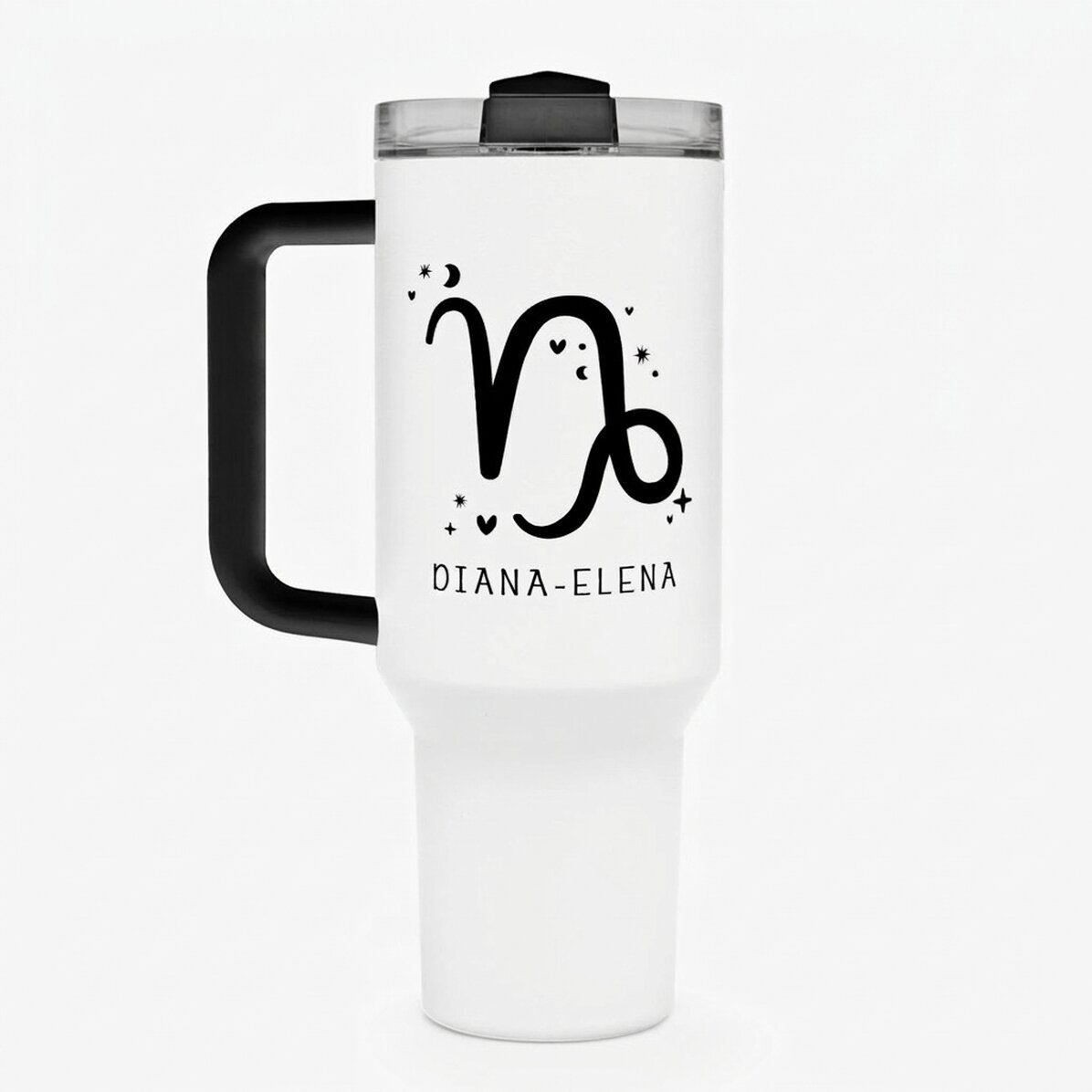 Thermosbecher mit Griff und Strohhalm, individuell mit Text bedruckt – Sternzeichen Steinbock