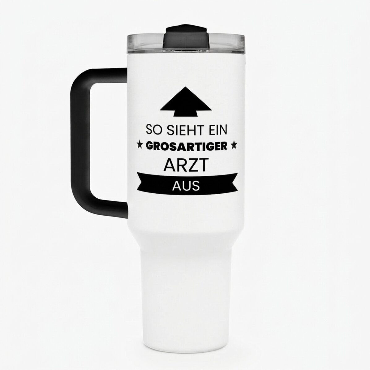 Thermosbecher mit Griff und Strohhalm, individuell mit Text bedruckt – So sieht er aus