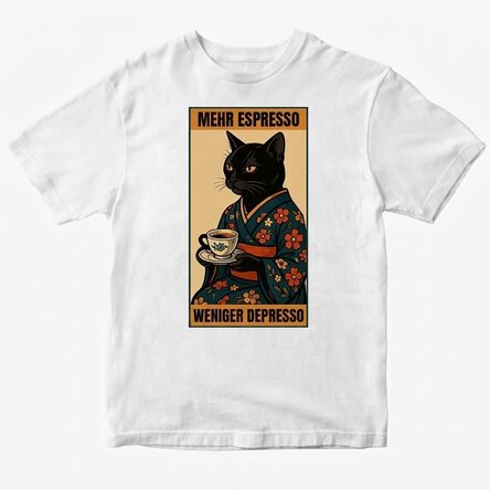 Personalisiertes Baumwoll-T-Shirt mit Aufdruck – „More espresso, less depresso“