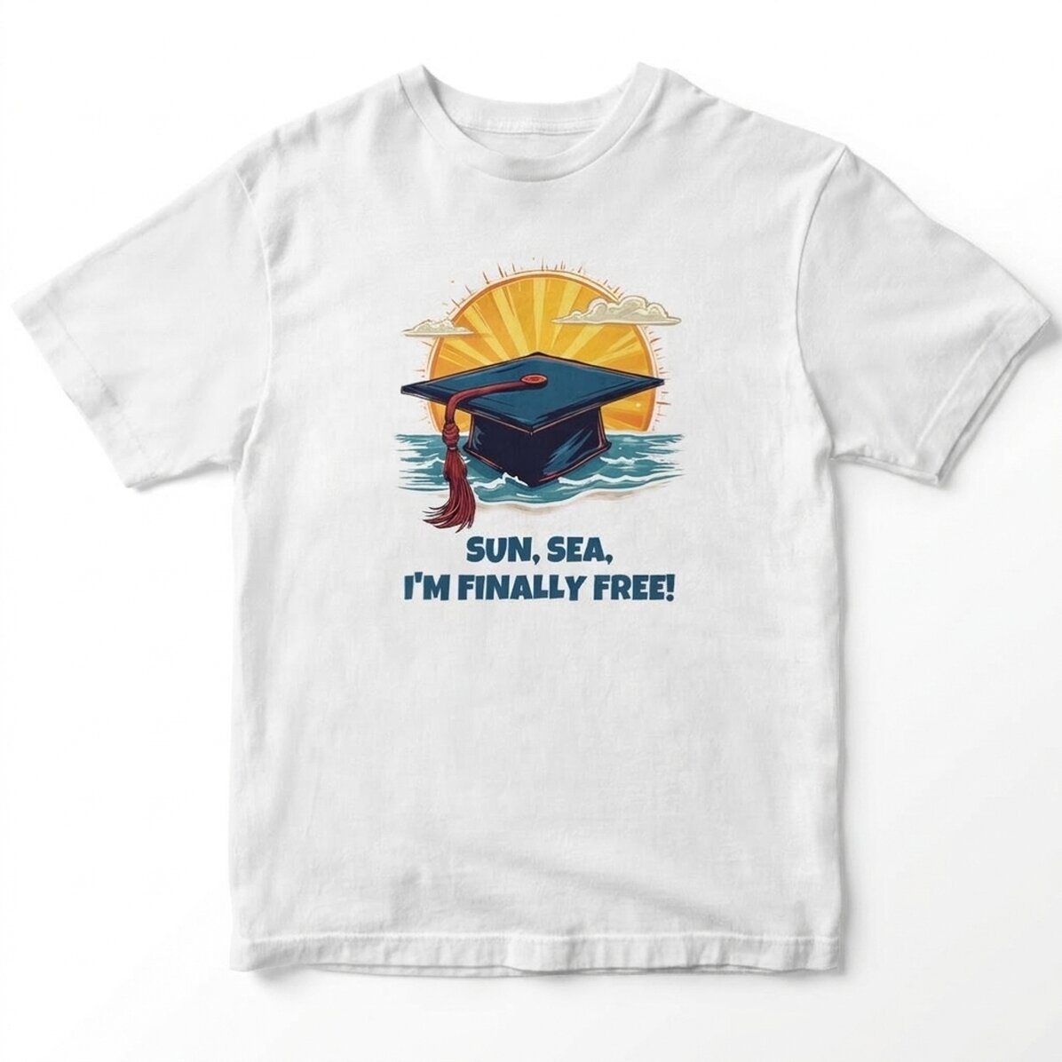 Personalisiertes Baumwoll-T-Shirt mit Aufdruck – Sun, sea, finally free