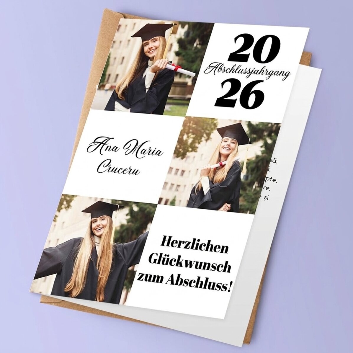Personalisierte Grußkarte mit 3 Fotos und Text – Schulabschluss
