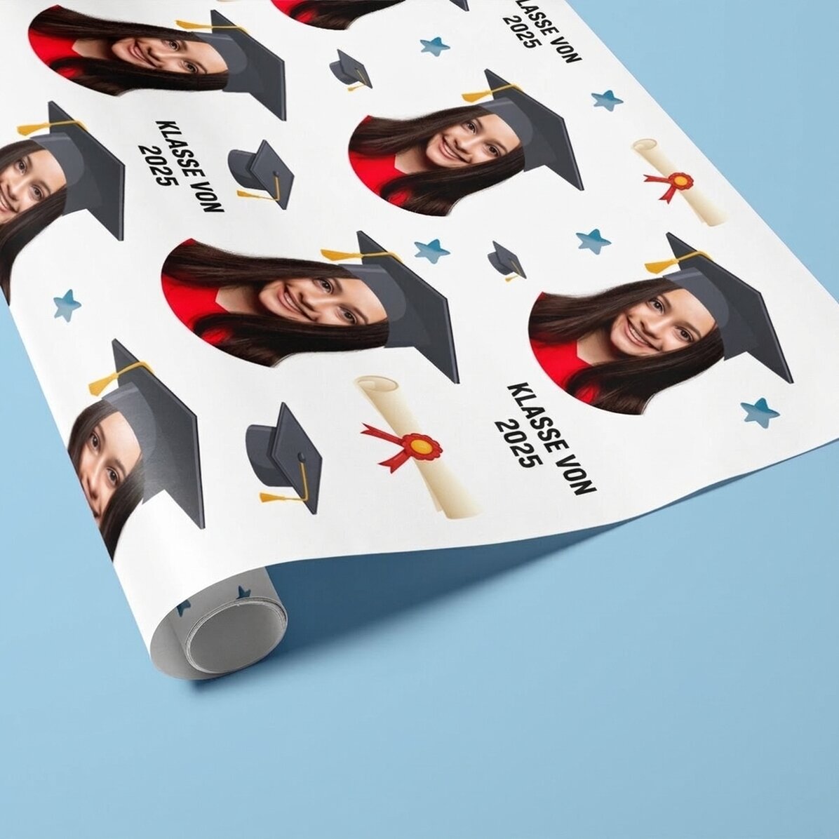 Individuell gestaltetes Geschenkpapier mit Foto und Text – Schulabschluss