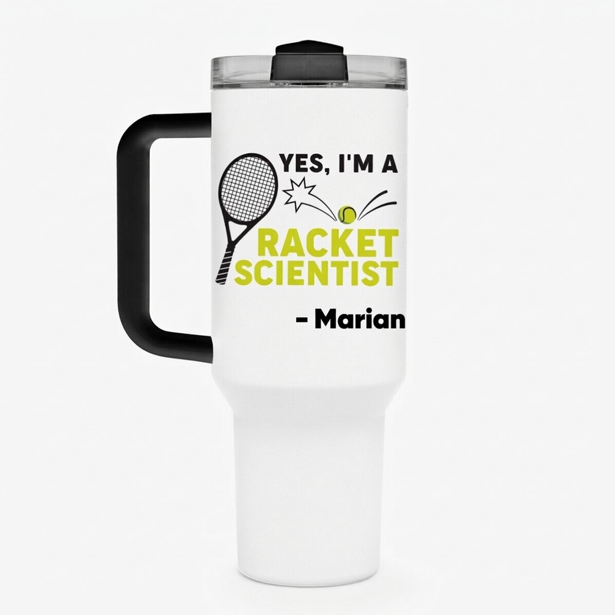 Thermosbecher mit Griff und Strohhalm, individuell mit Text bedruckt – Racket Scientist