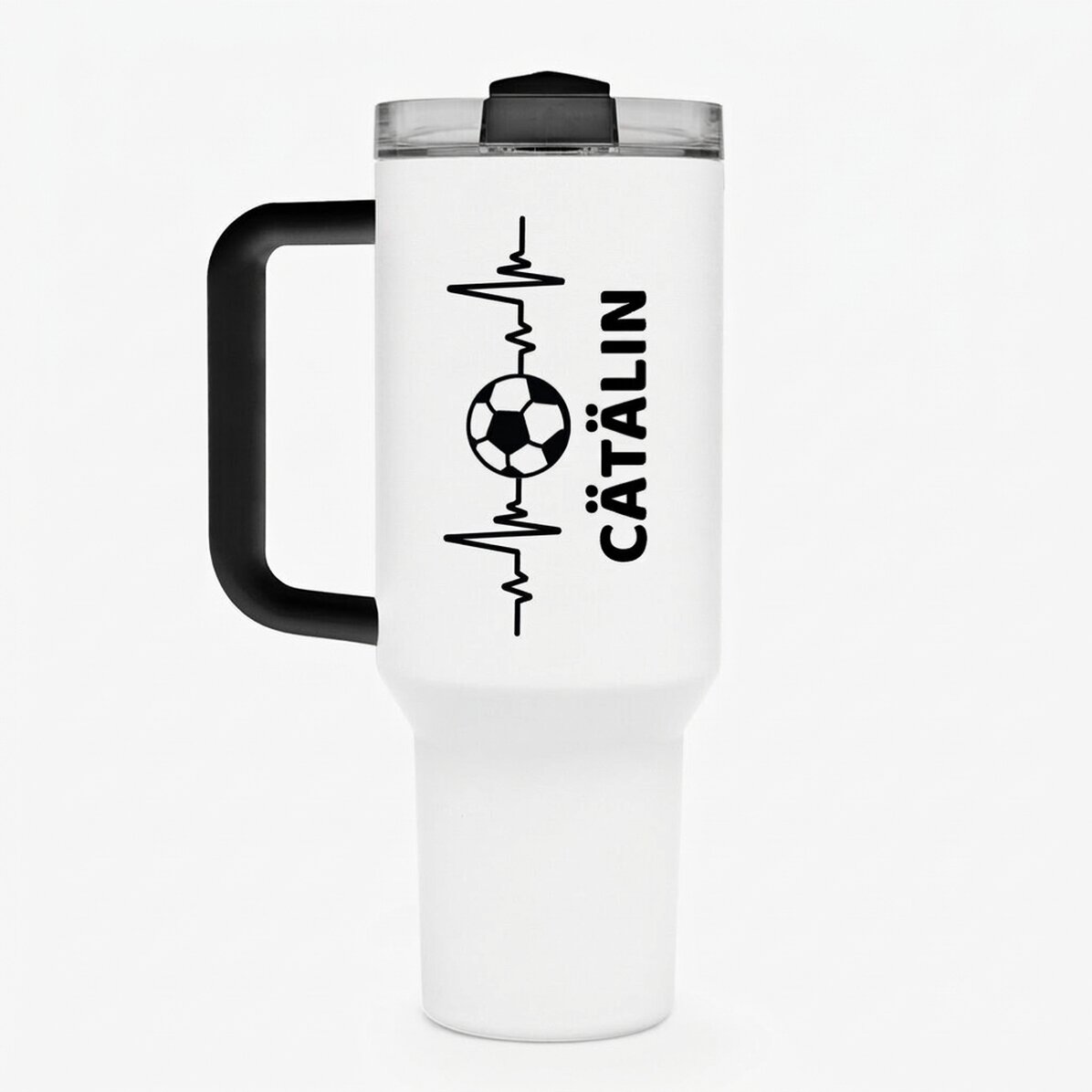 Thermosbecher mit Griff und Strohhalm, individuell mit Namen bedruckt – Fußballfan