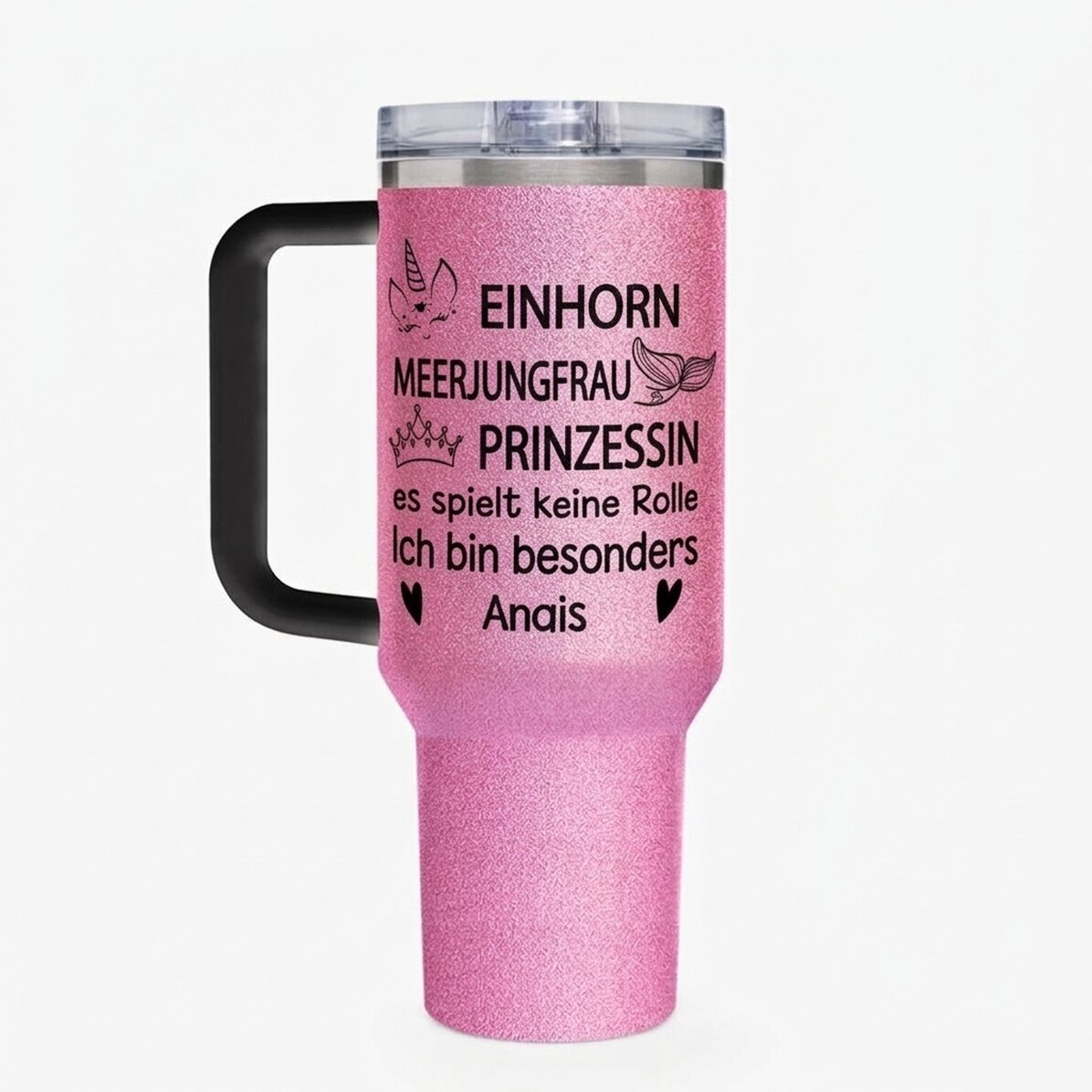 Thermosbecher mit Henkel und Strohhalm, individuell gestaltet mit der Aufschrift „I