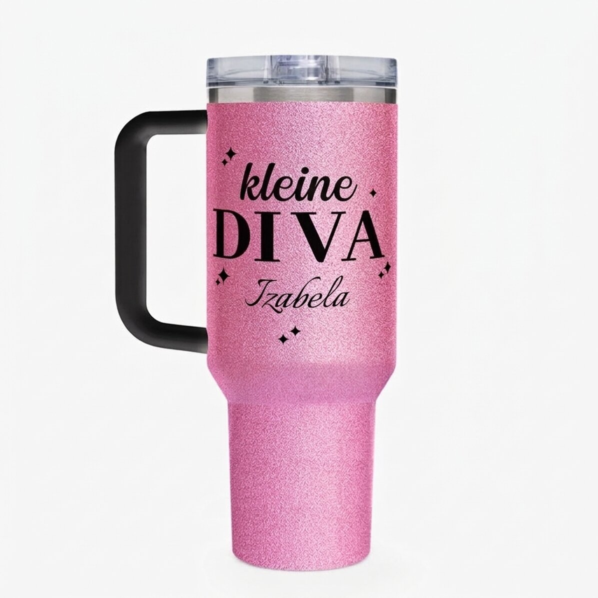 Thermosbecher mit Griff und Strohhalm, individuell mit einer Botschaft bedruckt – Little Diva