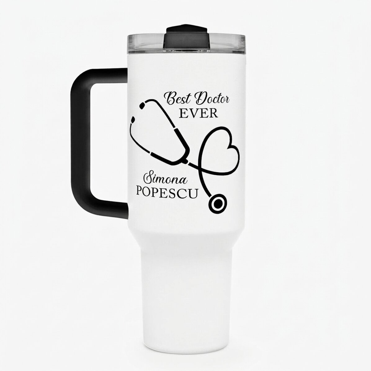 Thermosbecher mit Griff und Strohhalm, individuell mit einer Botschaft bedruckt – Best Doctor