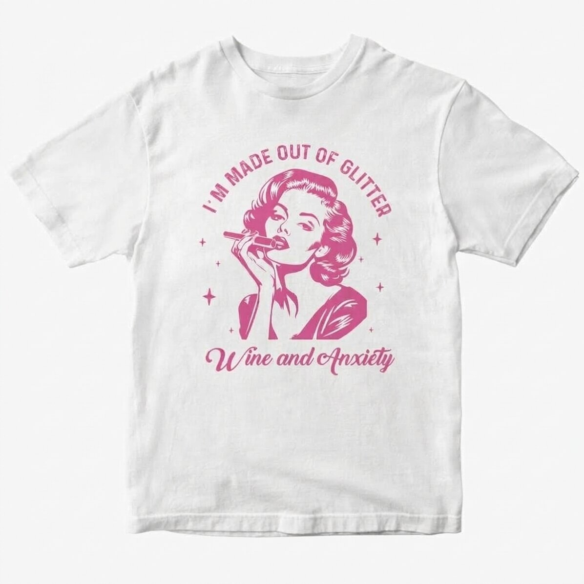 Personalisiertes Baumwoll-T-Shirt – Glitter, Wine & Anxiety
