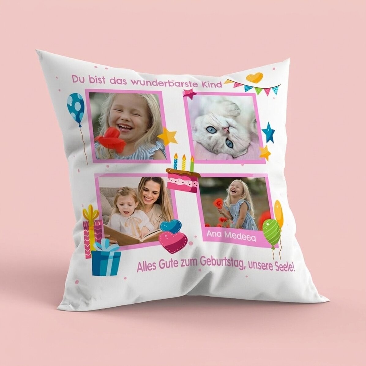 Personalisiertes Kissen mit 4 Fotos und einer Botschaft – Alles Gute zum Geburtstag, Kinder