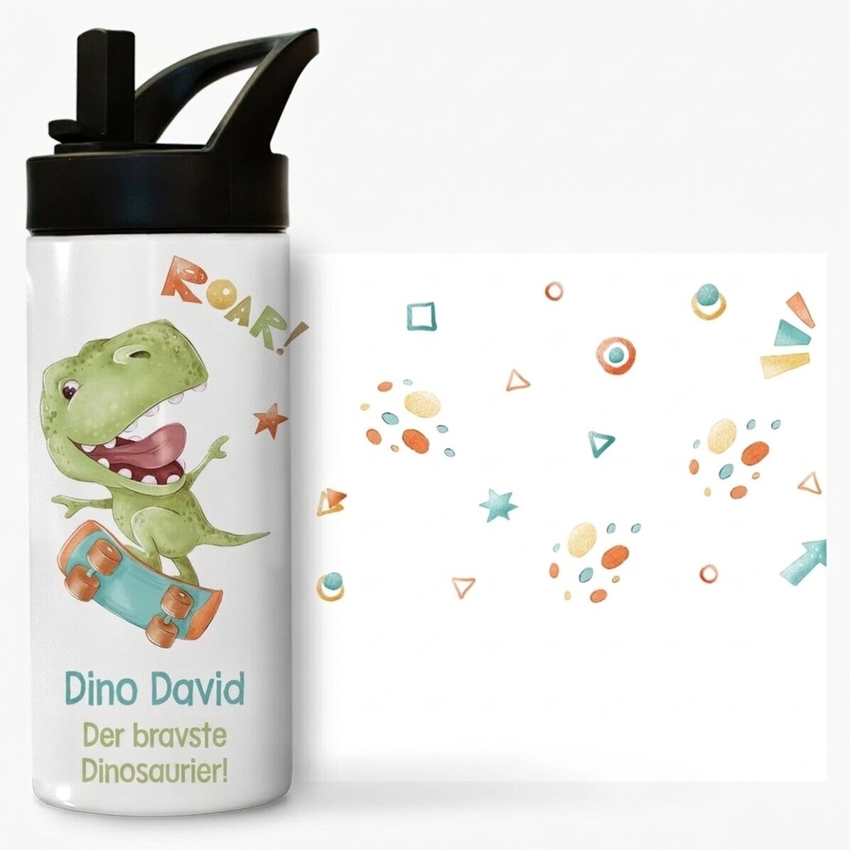 Thermoskanne mit Griff und personalisiertem Strohhalm mit Botschaft für Kinder – Dino