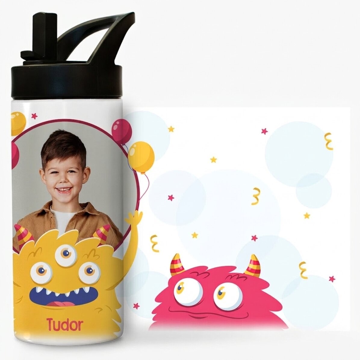 Thermosflasche mit Griff und Strohhalm, individuell gestaltet mit einem Foto und einem Namen – Kinde