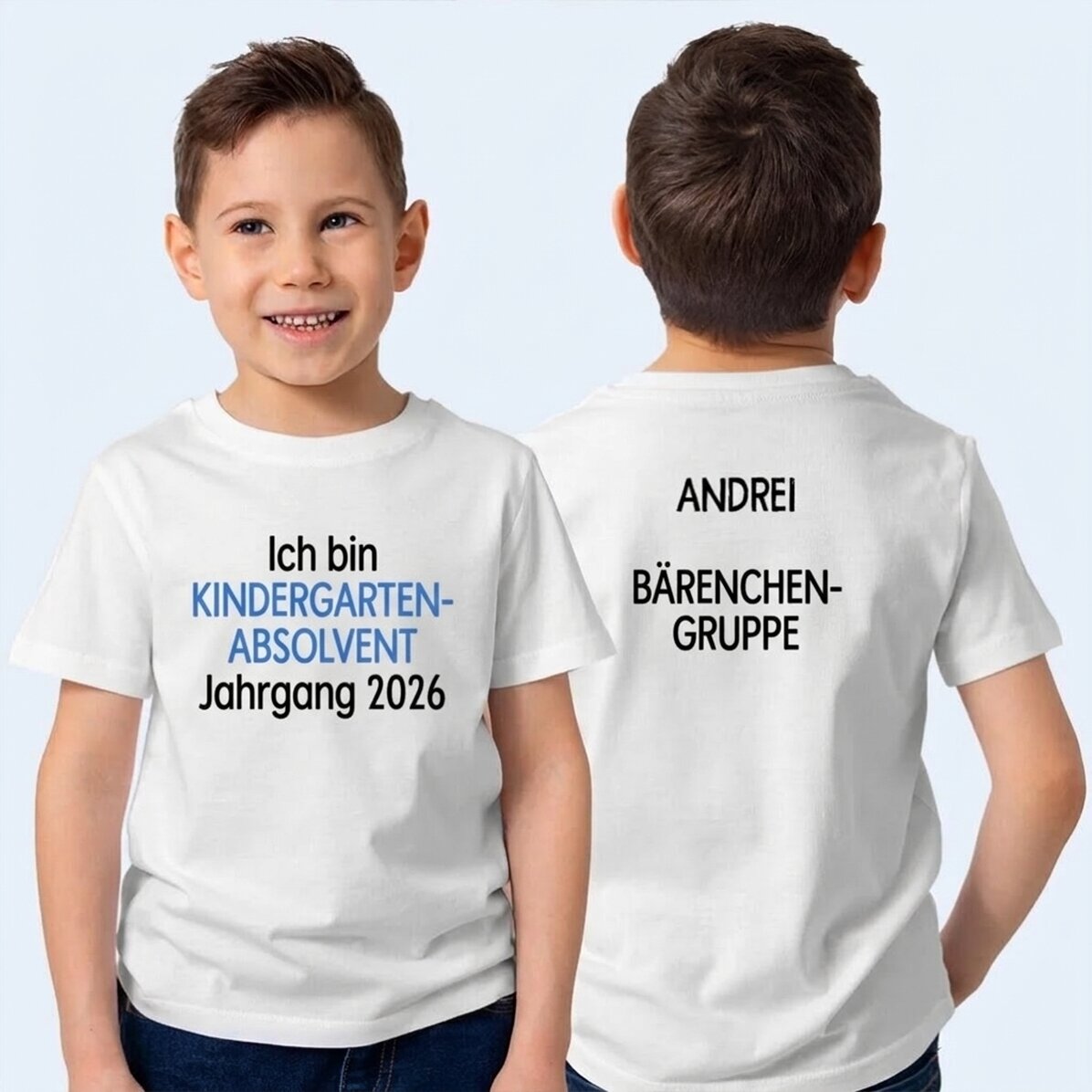 Personalisiertes Baumwoll-T-Shirt für Kinder mit Aufdruck auf Vorder- und Rückseite