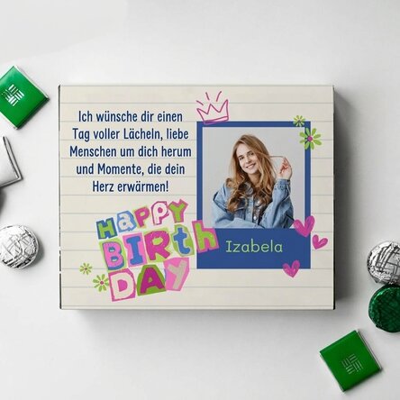 Personalisierte Pralinenschachtel mit Foto und Grußtext – Happy Birthday!
