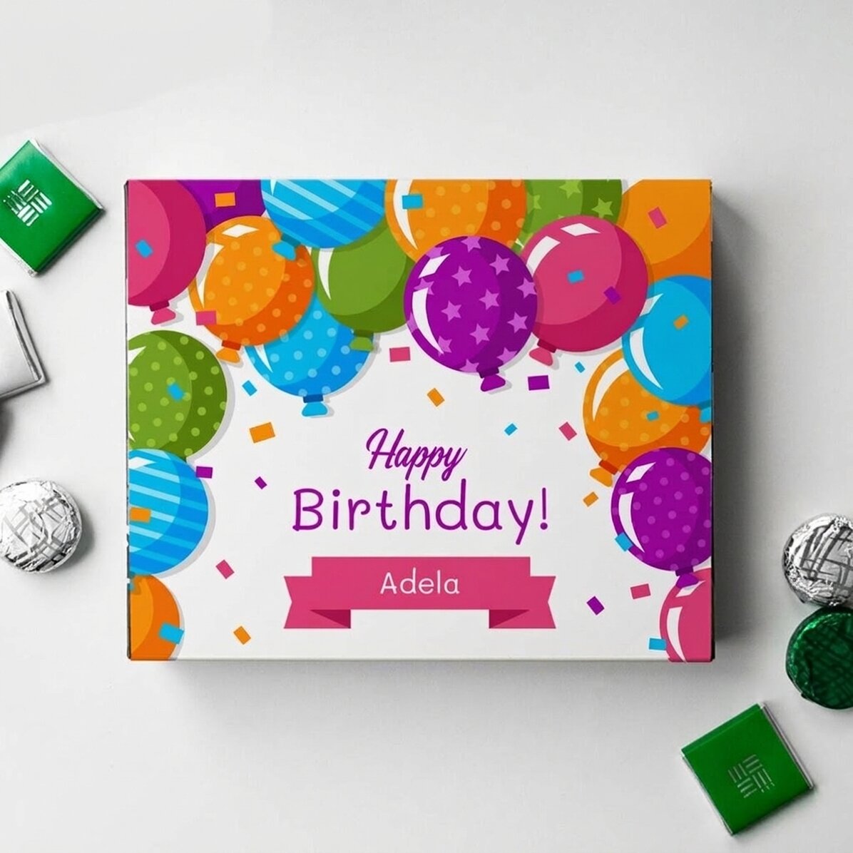 Personalisierte Pralinenschachtel mit Text – Luftballons