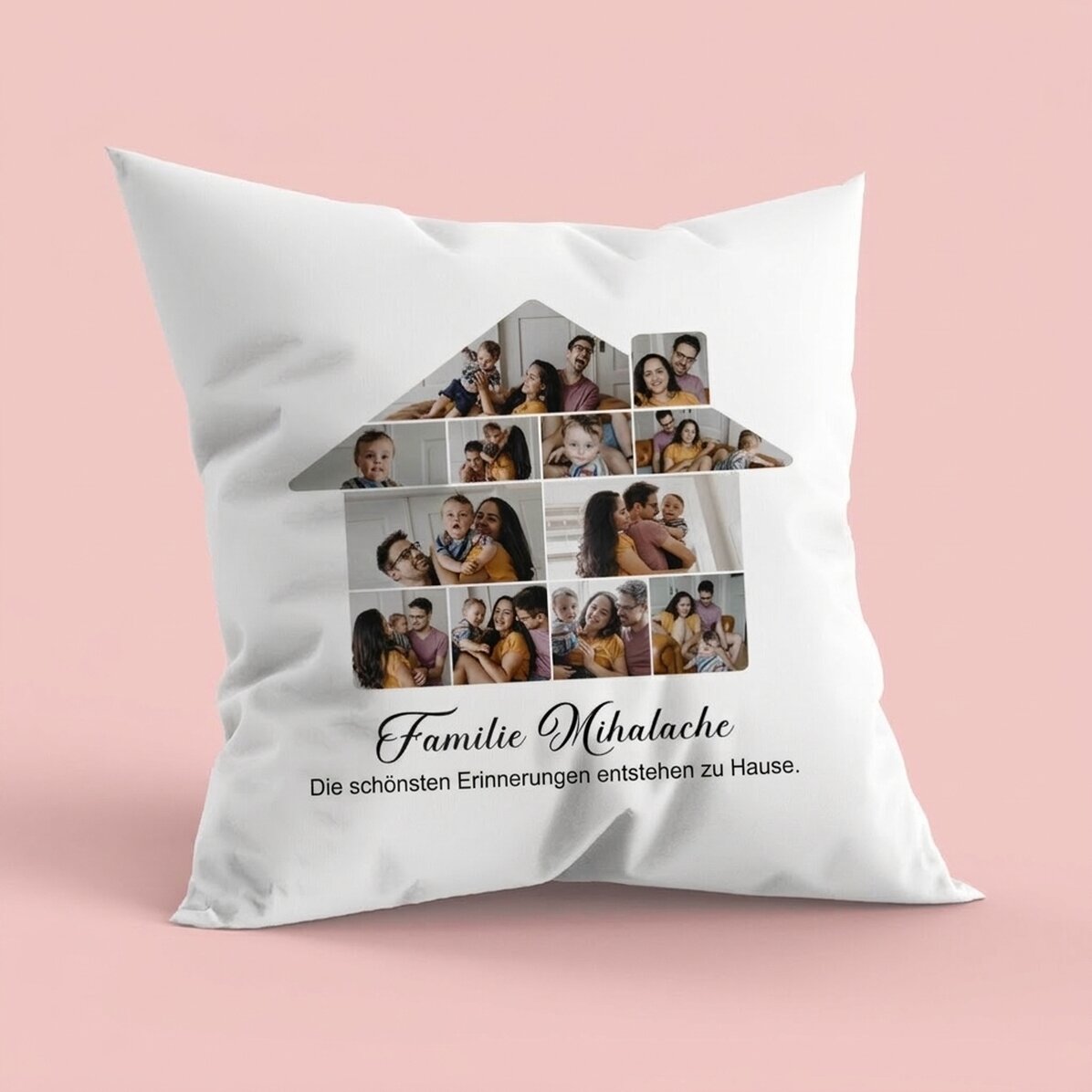 Personalisiertes Kissen mit 12 Fotos und Text – Unser Zuhause