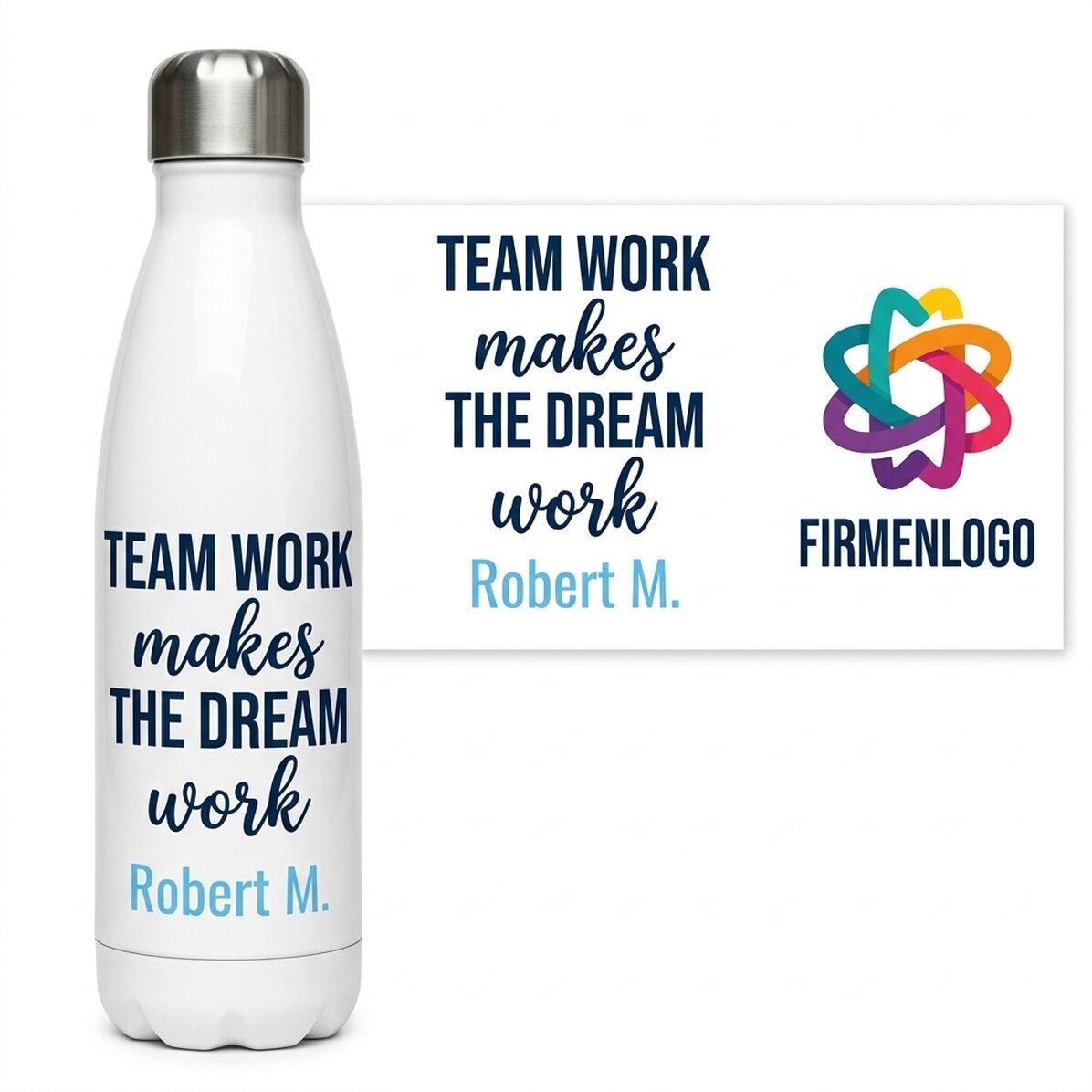 Thermoskanne mit weißem Boden, individuell gestaltet mit Logo und Schriftzug – Teamwork