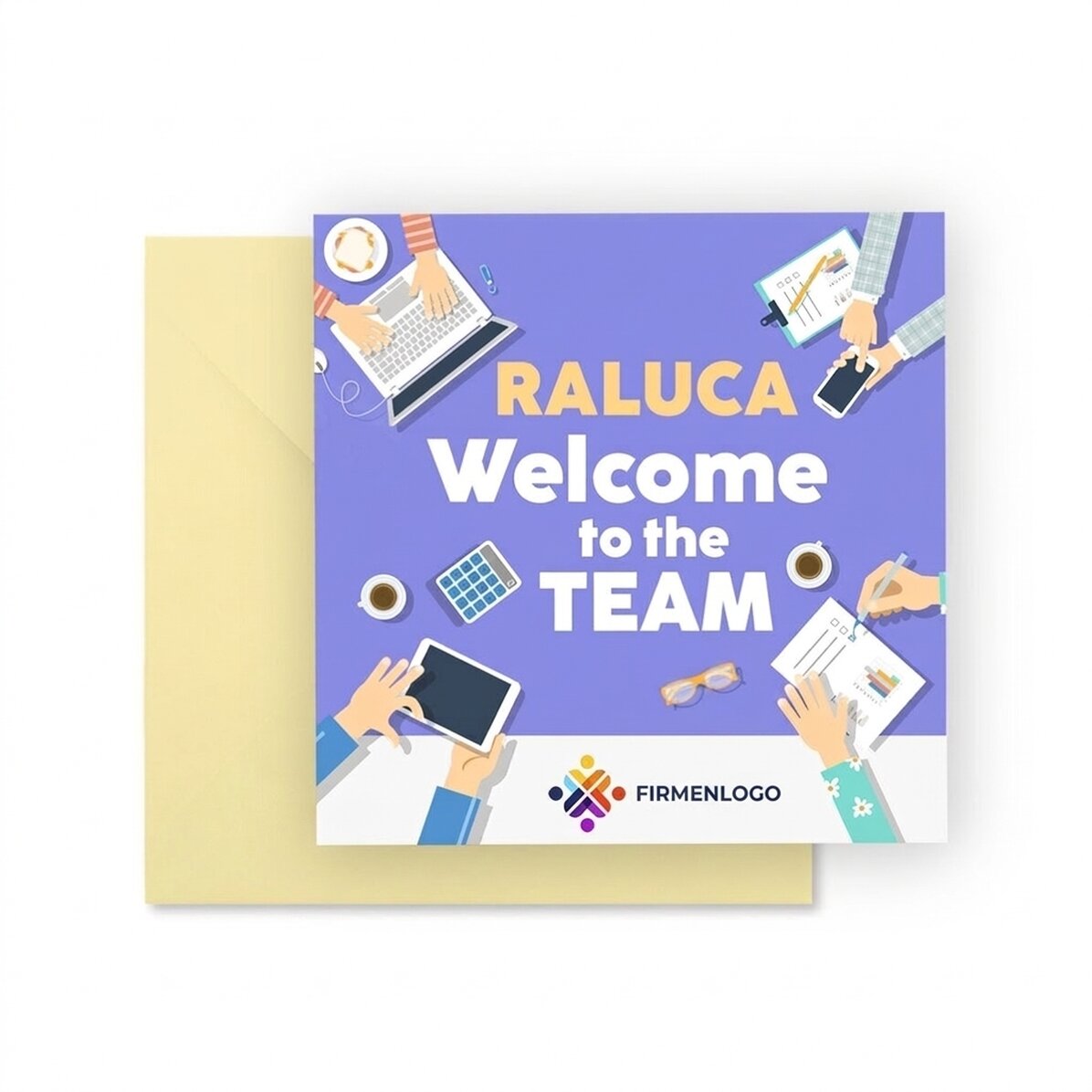 Individuell gestaltete quadratische Karte mit Logo und Botschaft – Willkommen im Team