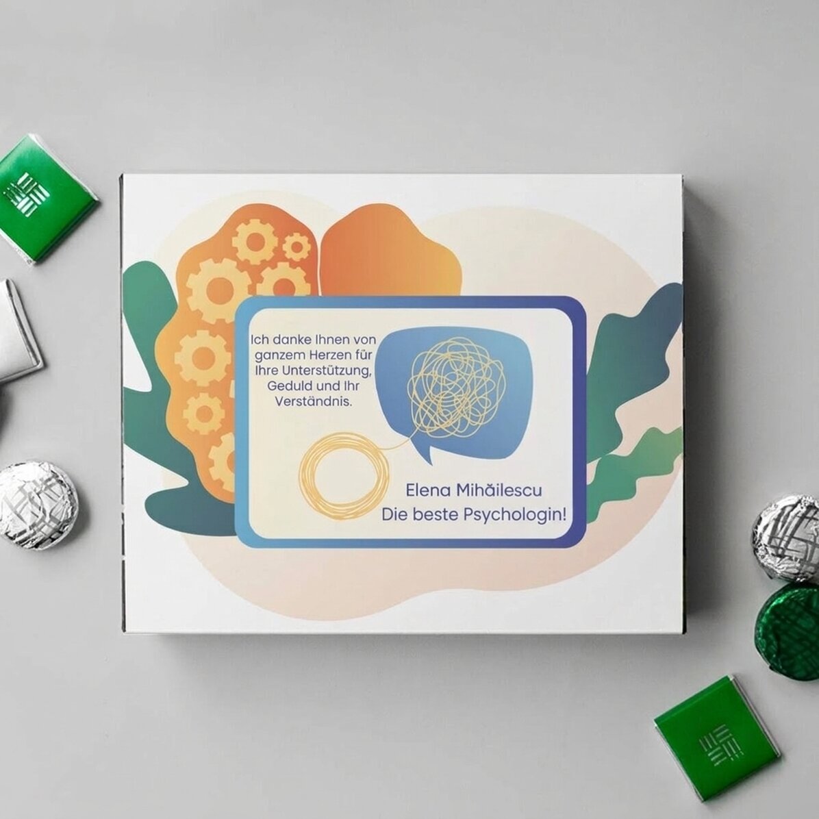 Personalisierte Pralinenschachtel mit Dankesbotschaft für Psychologen