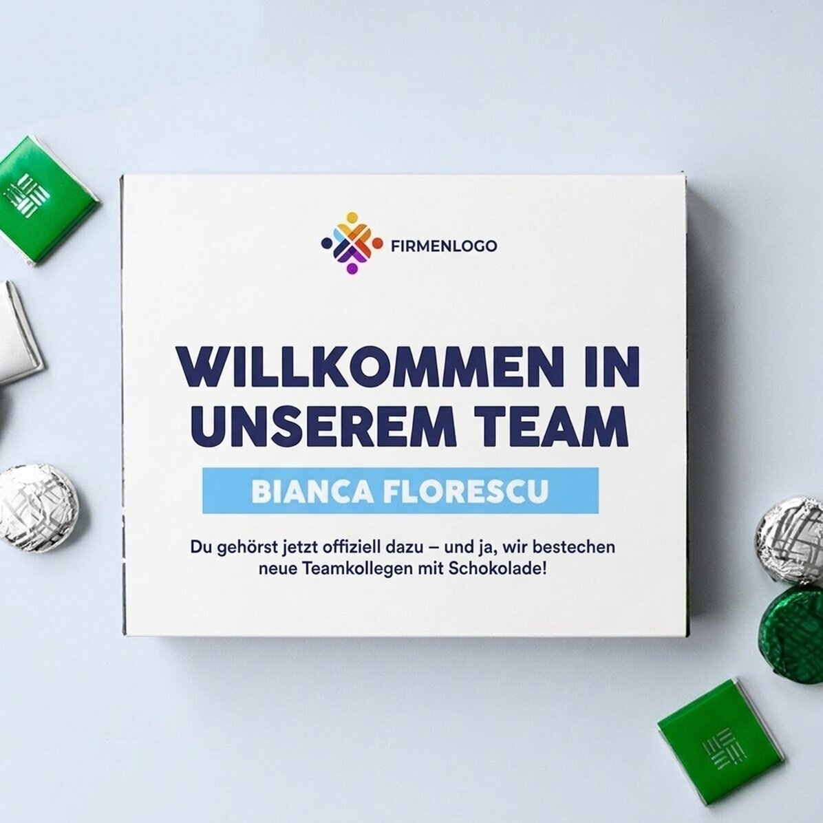 Personalisierte Pralinenschachtel mit Botschaft und Logo für Mitarbeiter