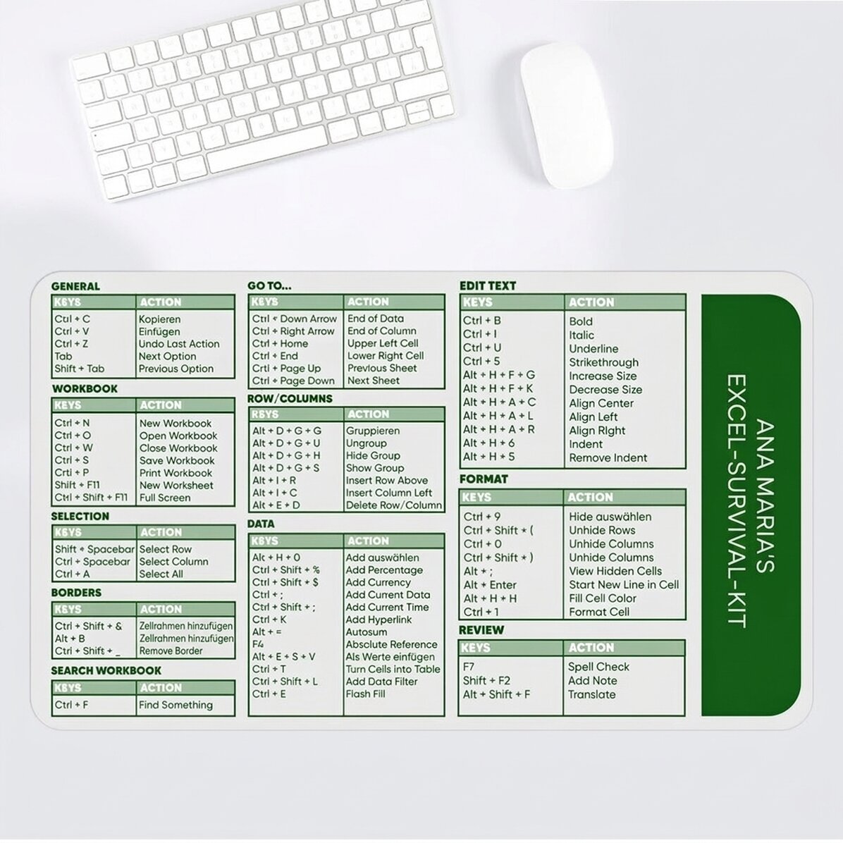 Individuell gestaltetes XXL-Mauspad mit Text – Excel-Tastenkombinationen
