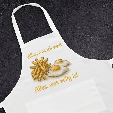 Individuell gestaltete Schürze mit Text – Maschen und Kartoffeln