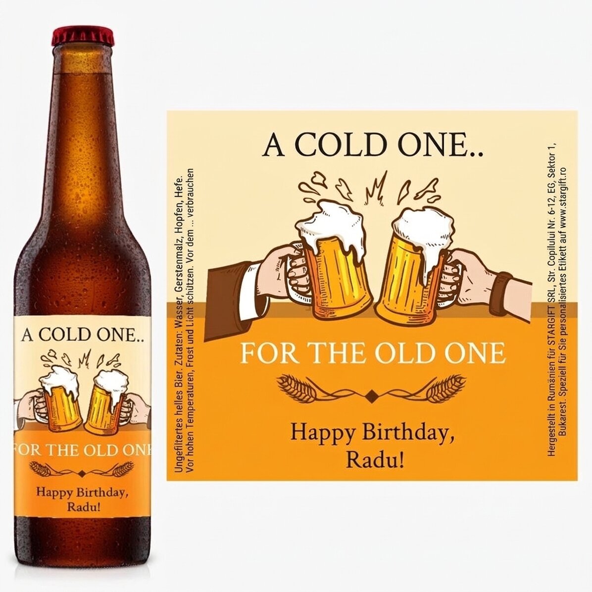 Bier mit individueller Aufschrift – „A Cold One… for the Old One“