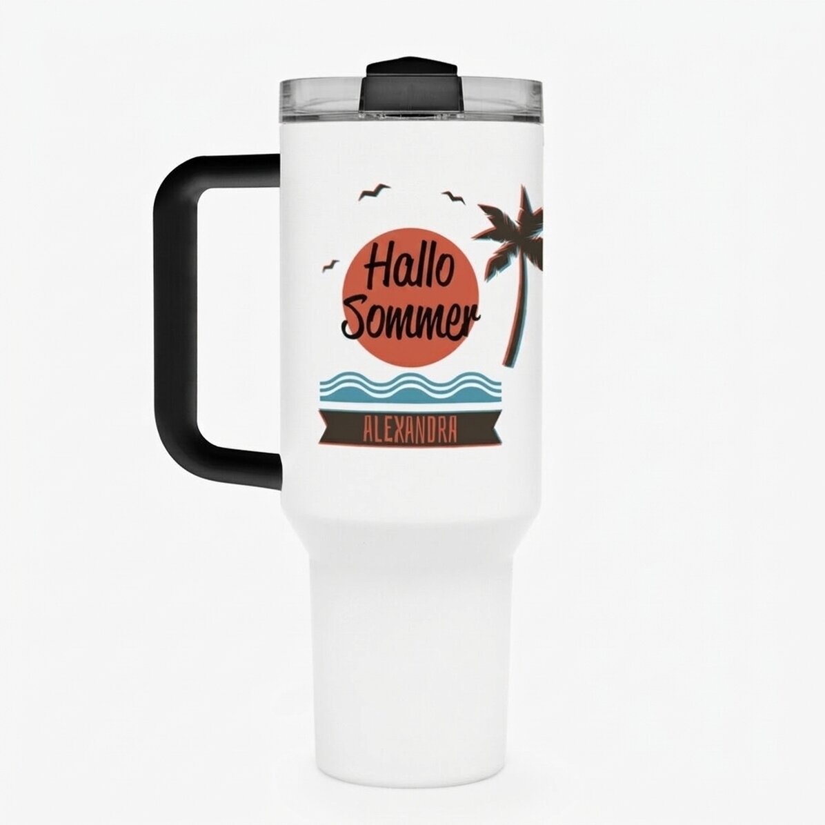 Thermosbecher mit Griff und Strohhalm, individuell mit Text bedruckt – Summer Vibes