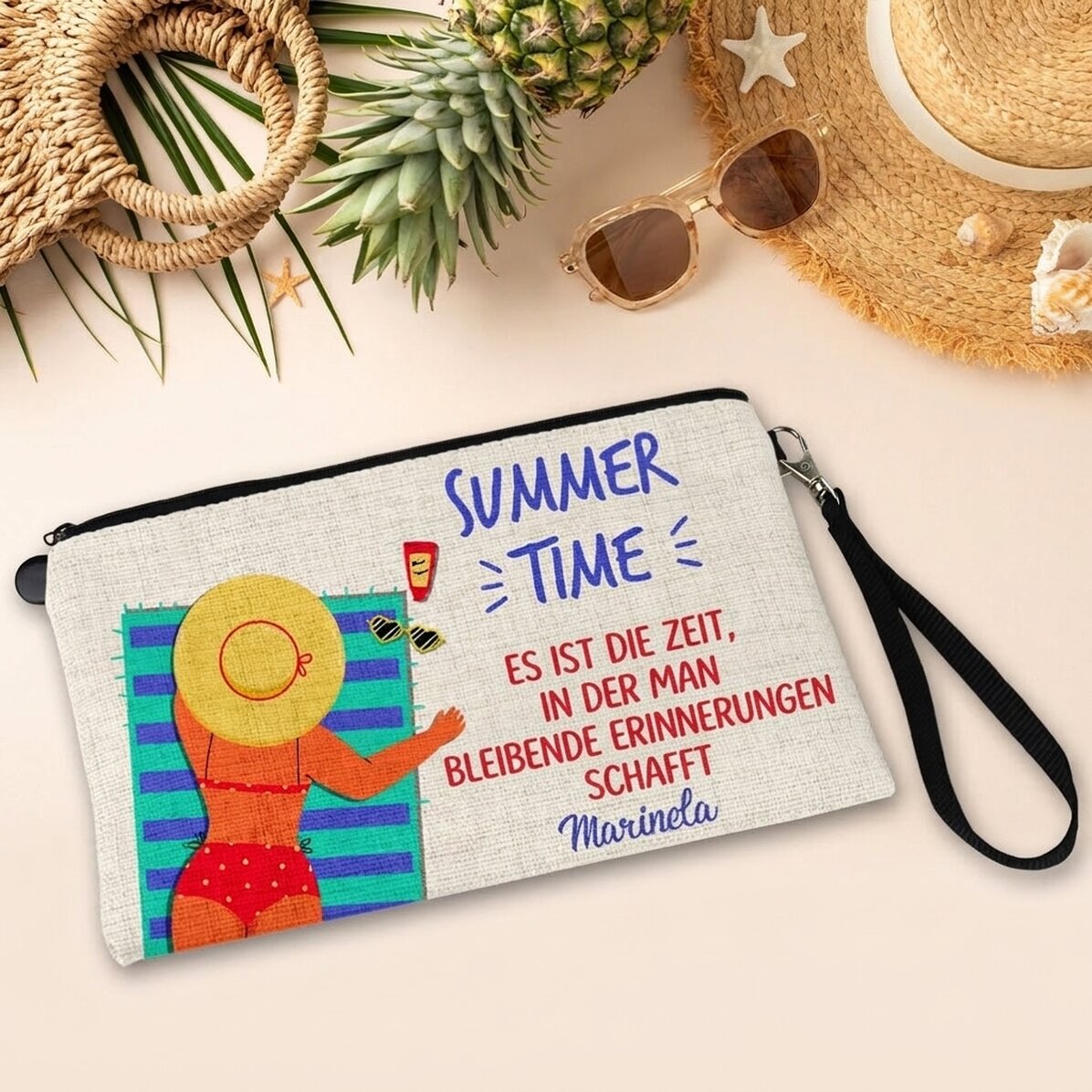 Personalisierte Accessoire-Tasche mit Schriftzug – On the beach