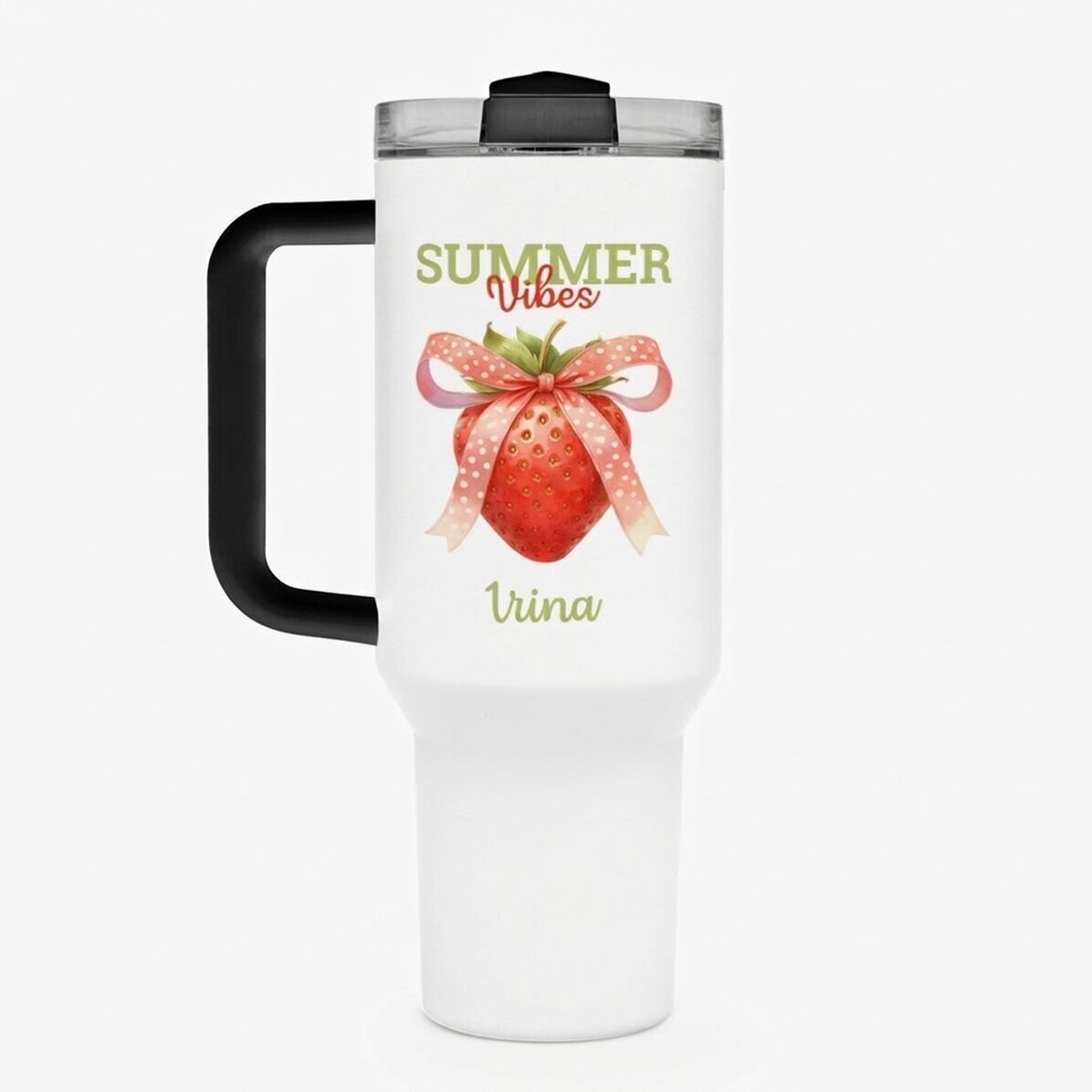 Thermosbecher mit Griff und Strohhalm, individuell mit einer Botschaft bedruckt – Summer Vibes