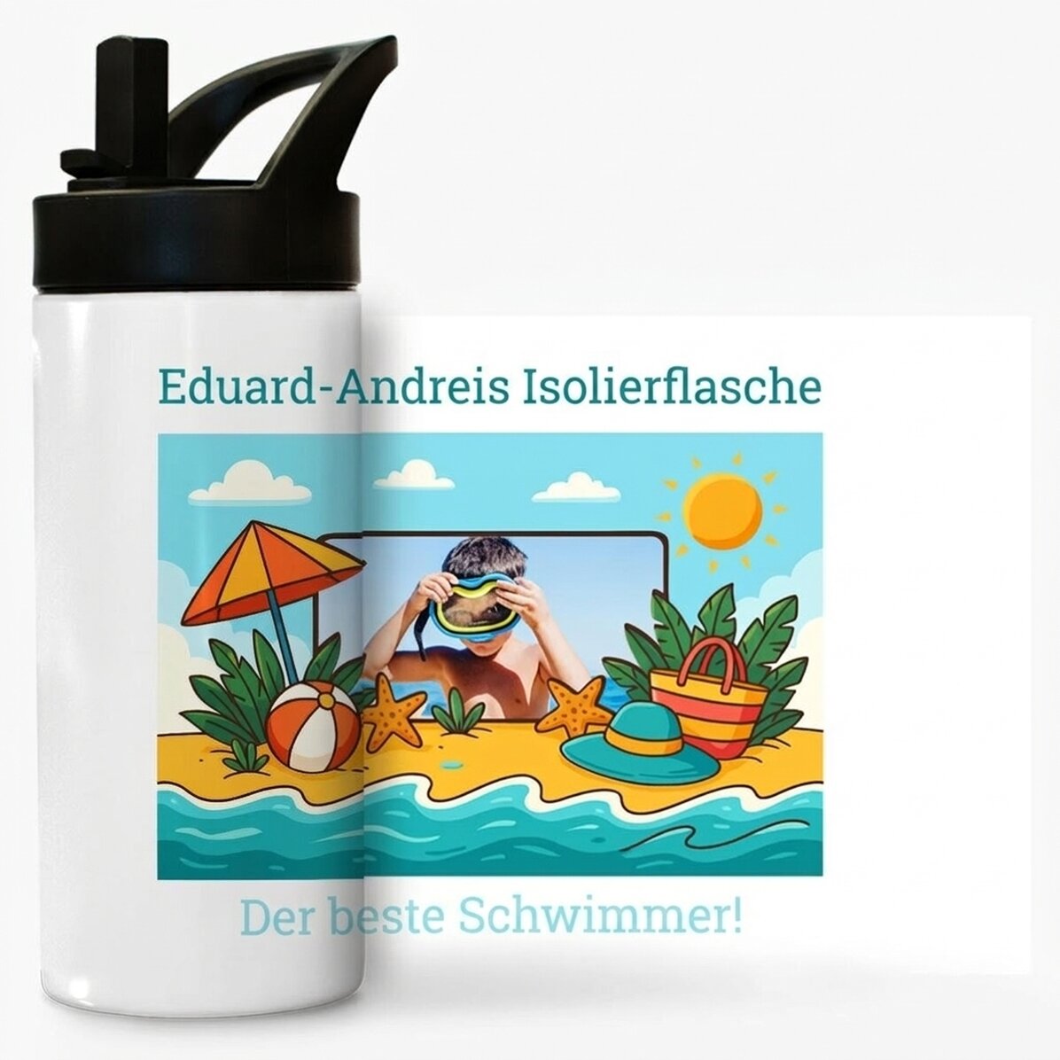 Thermosflasche mit Griff und personalisiertem Strohhalm mit Foto und Botschaft für Kinder – Sommerfe